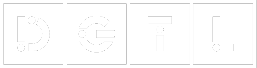 Four stencil letters D, G, T, and L displayed in outlined square frames on a white background.