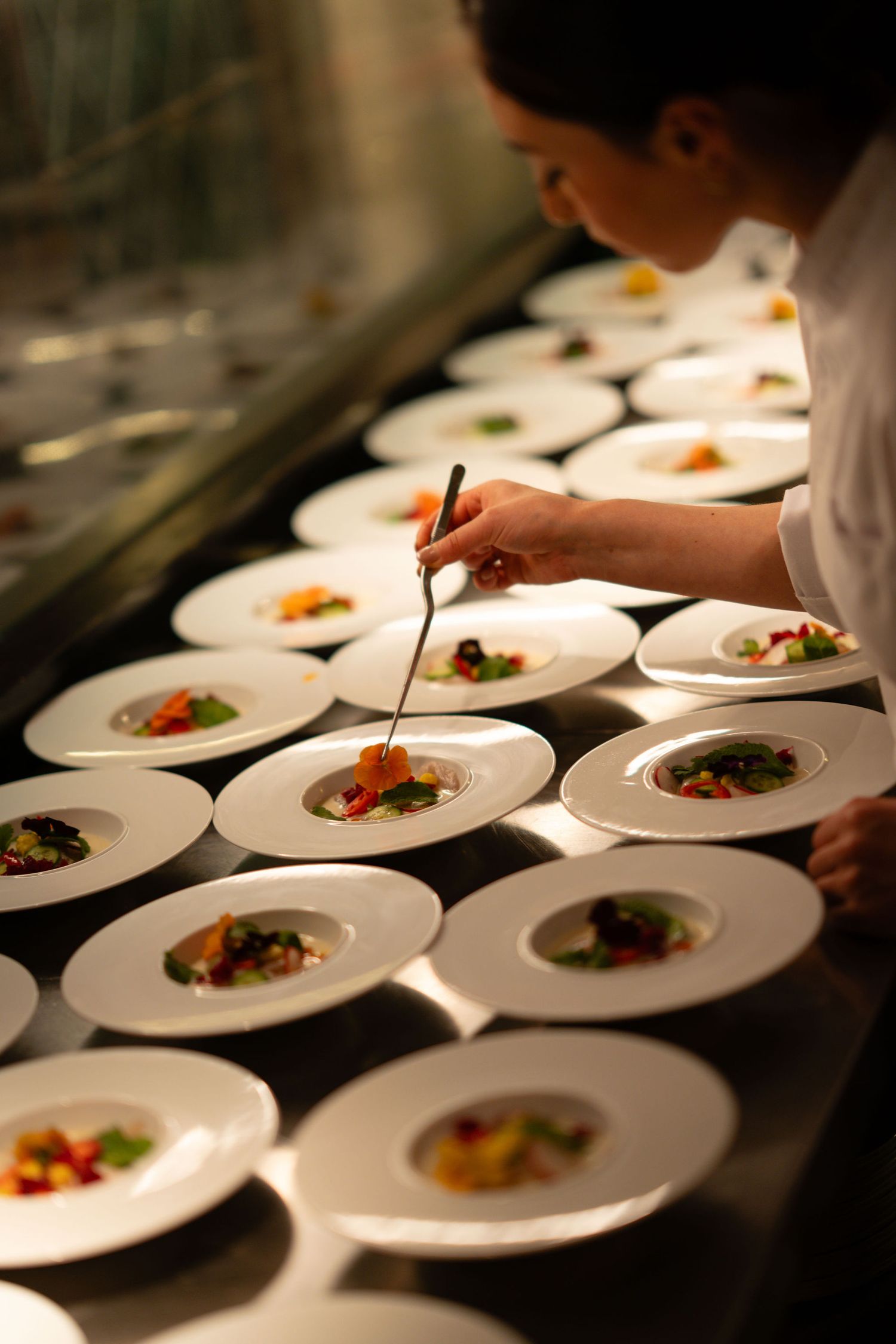 Chef carefully plating colorful gourmet dishes on white plates in a professional restaurant kitchen.
