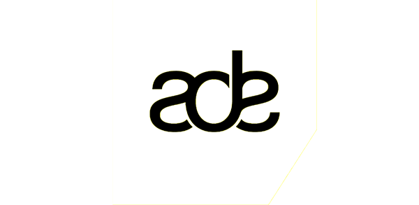 ADE logo featuring bold black lowercase letters on a white rounded square background.