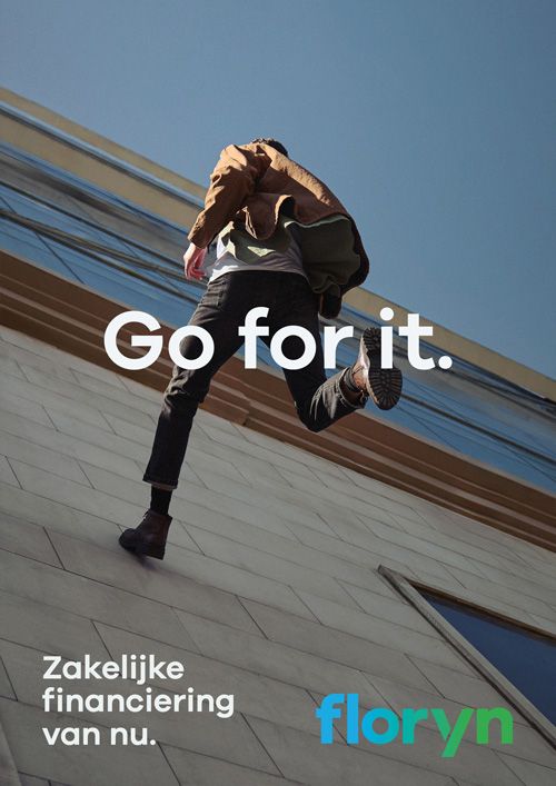 A series of connected advertising images showing someone jumping over a wall with text overlays about financing.