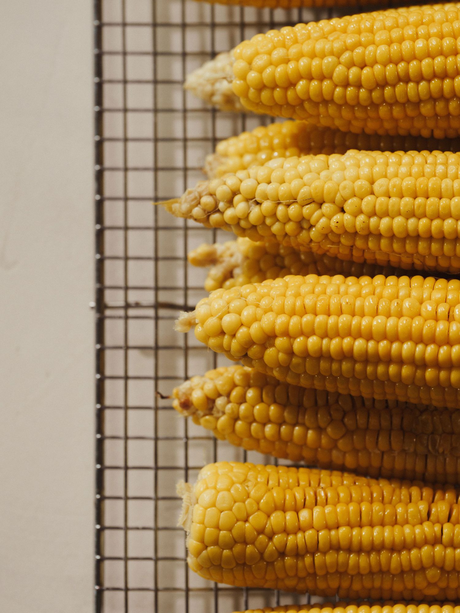 Fresh cooked ears of corn on the cob stacked on a wire cooling rack, showing vibrant yellow kernels.