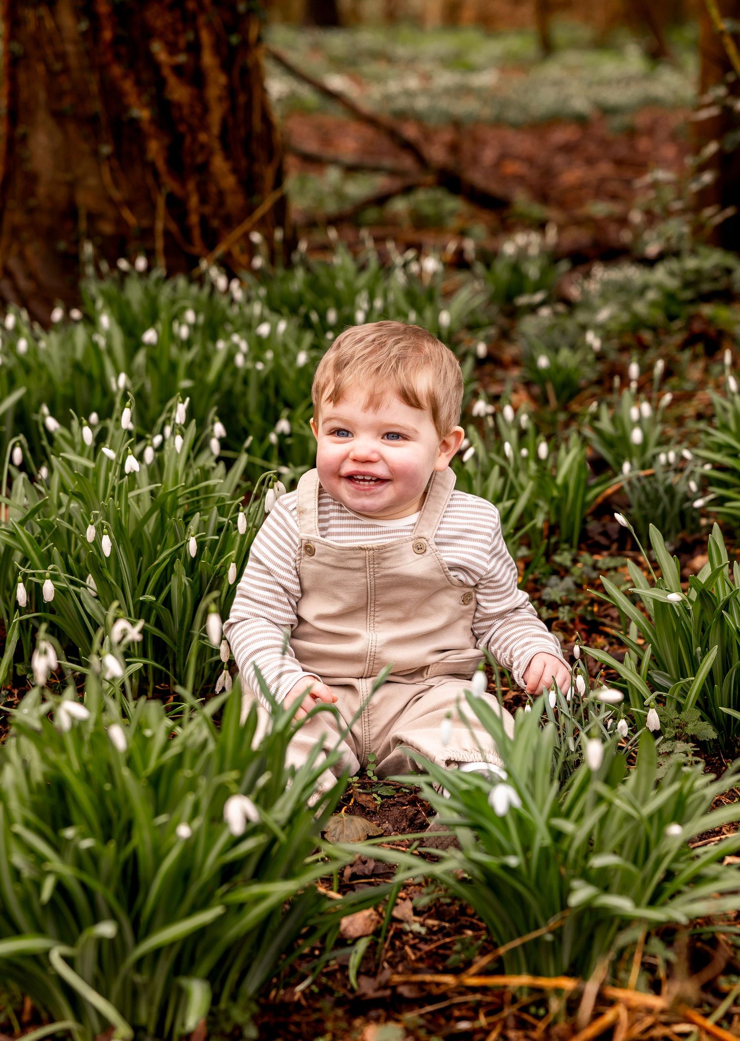 Smiling toddler sitting among blooming snowdrops and greenery in a spring garden setting.