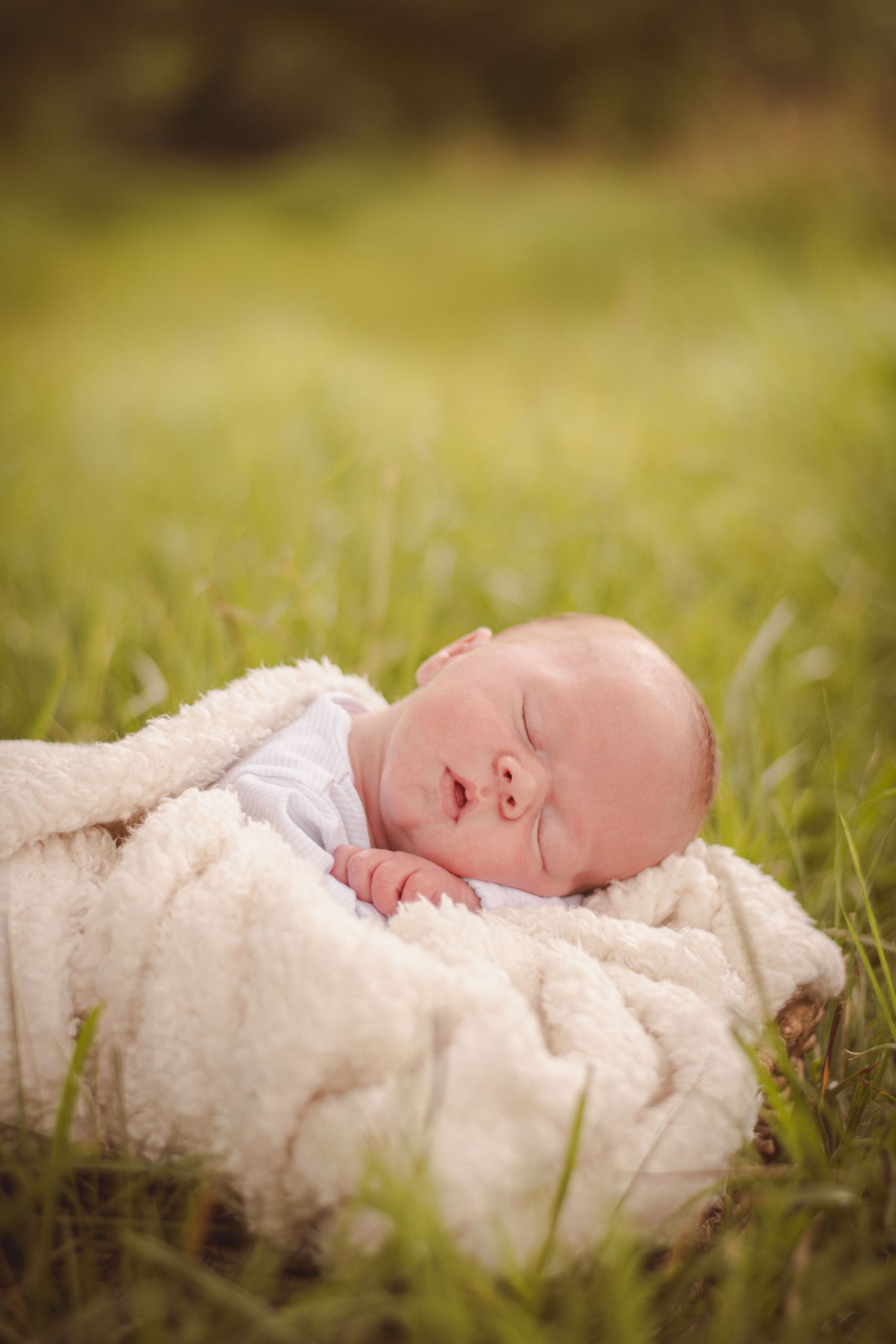 Newborn baby sleeping peacefully on a fluffy white blanket in green grass outdoors.