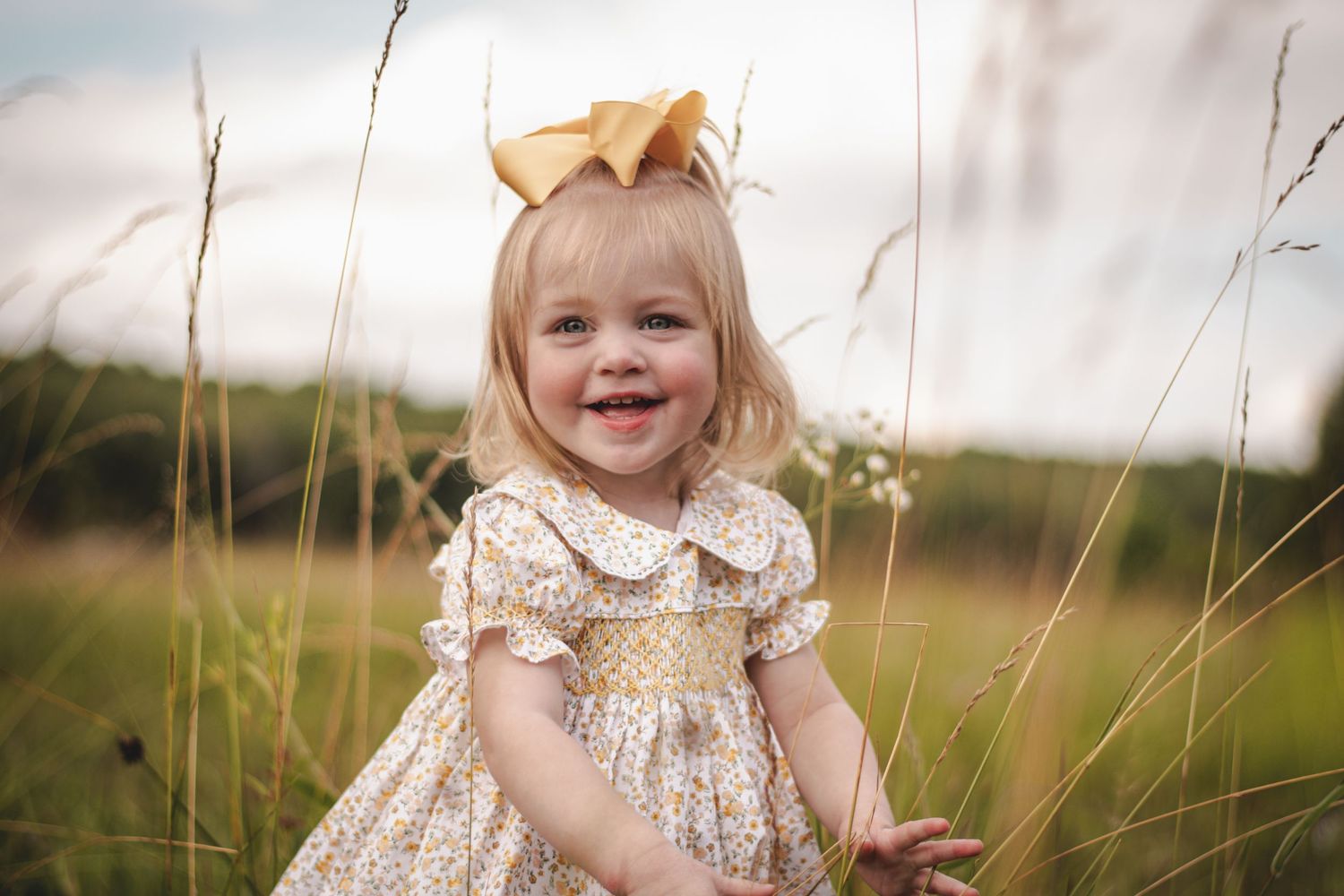 Smiling toddler girl in floral dress and gold bow headband standing in tall grass field outdoors.