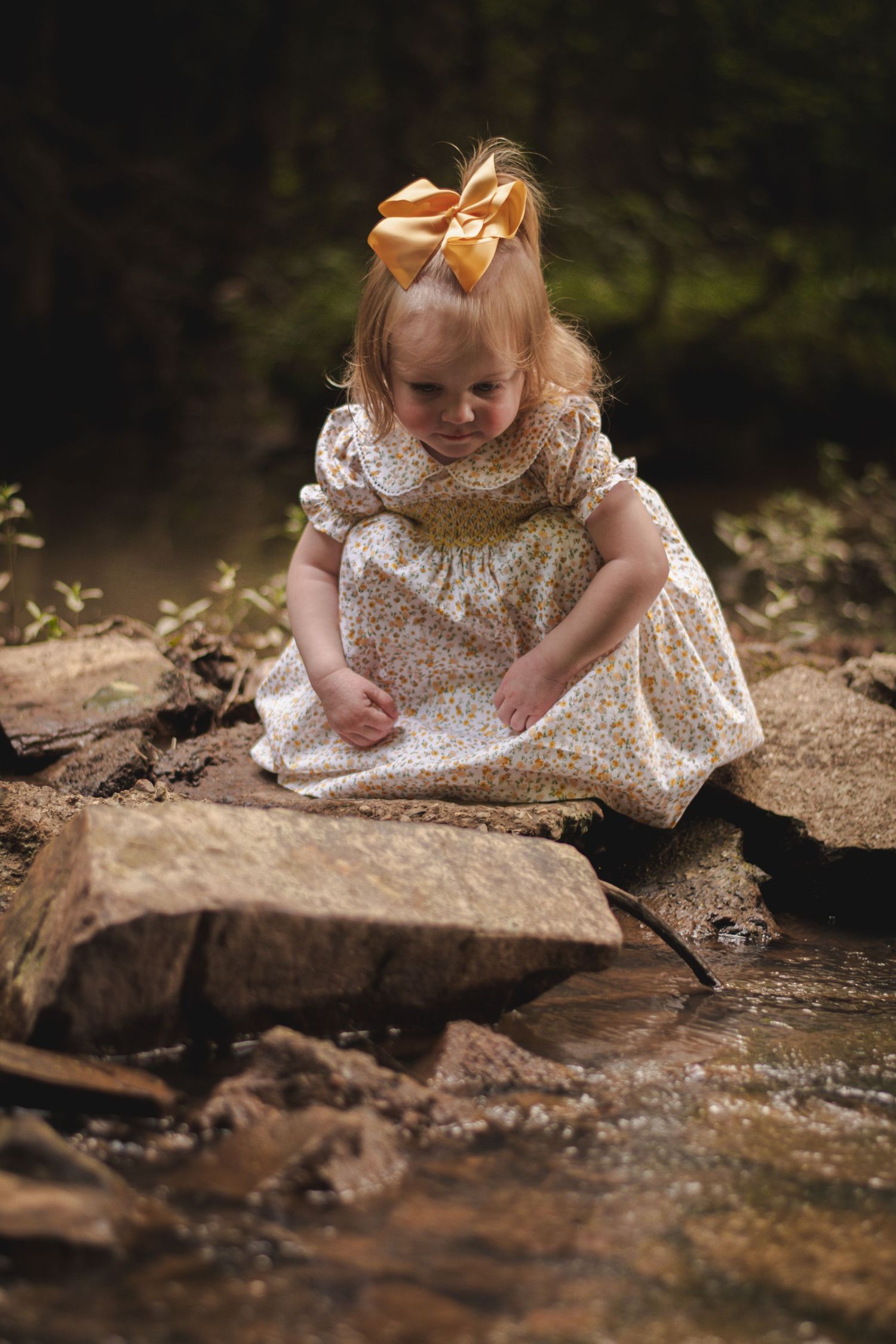 Toddler girl in floral dress with gold bow plays by rocky stream in forest setting.