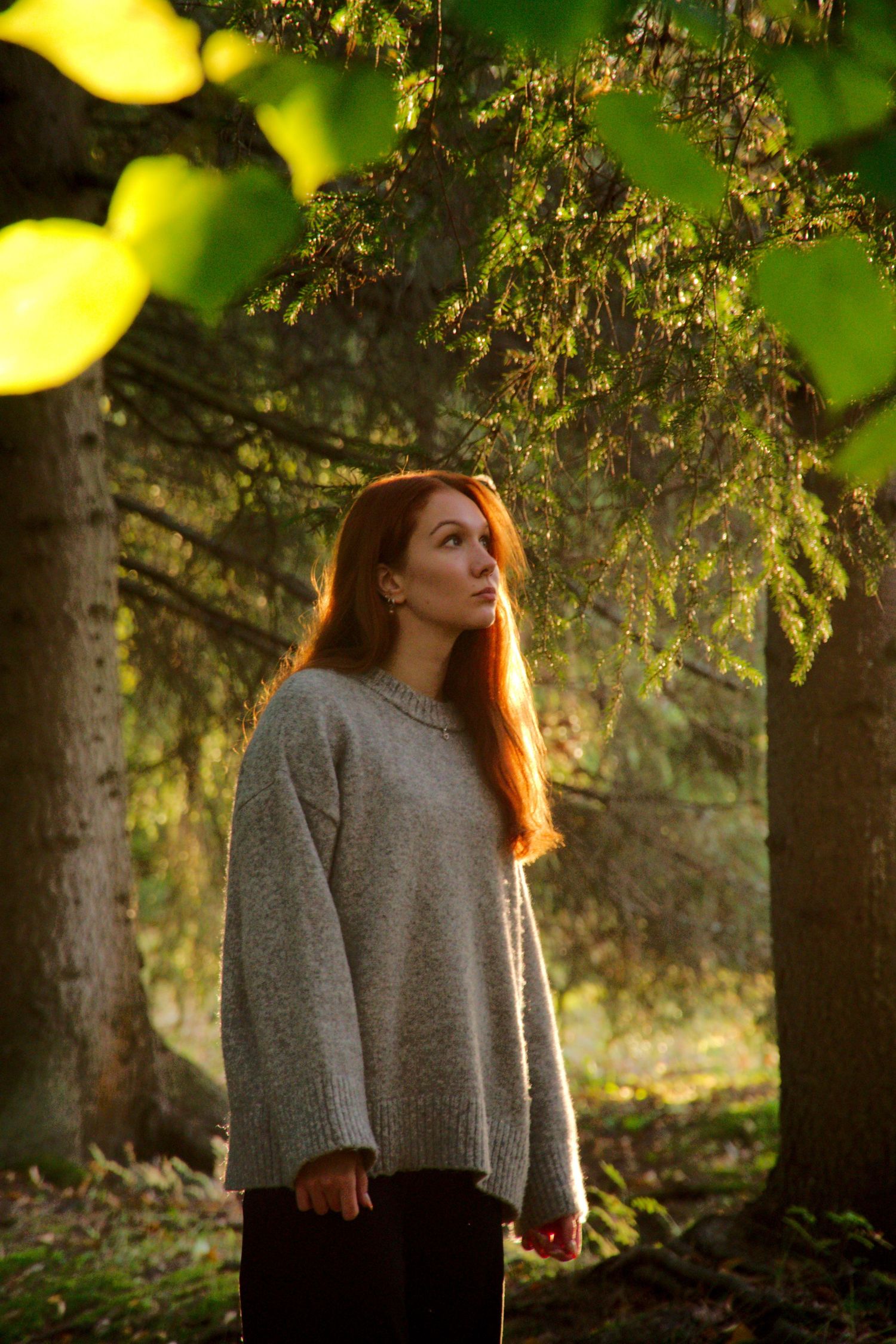 Muotokuvaus Liminka - nainen on vehreässä metsässä ja aurinko laskee