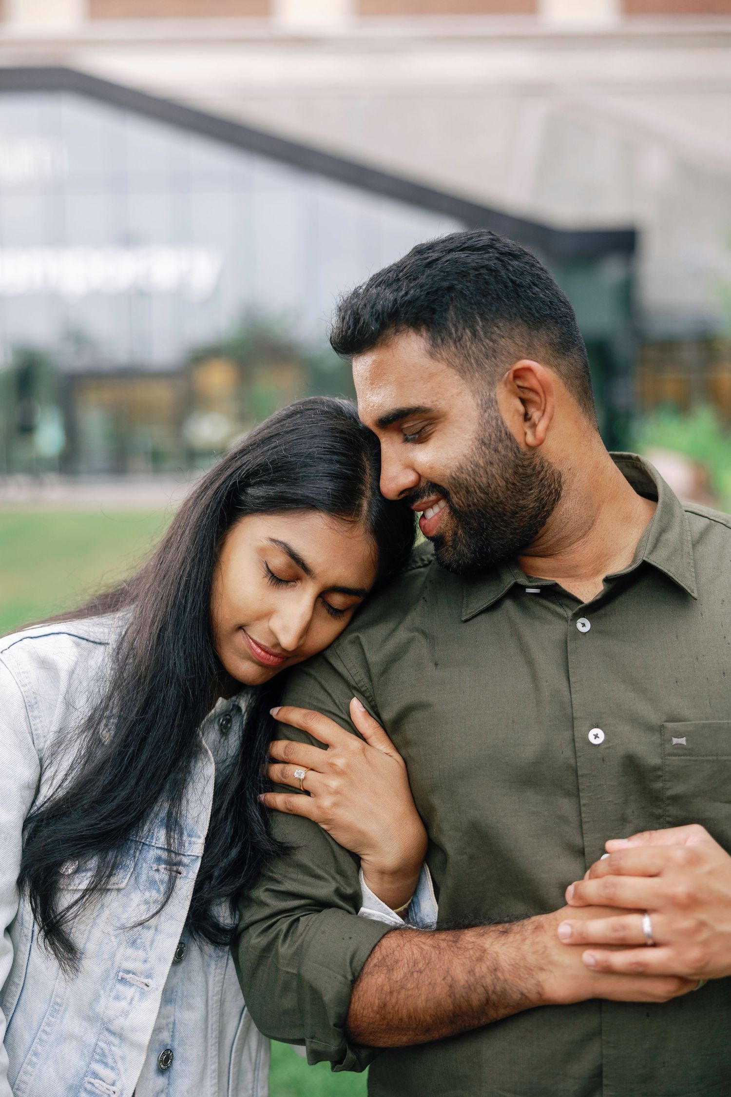 Candid engagement photo sequence showing couple embracing and laughing together outdoors.