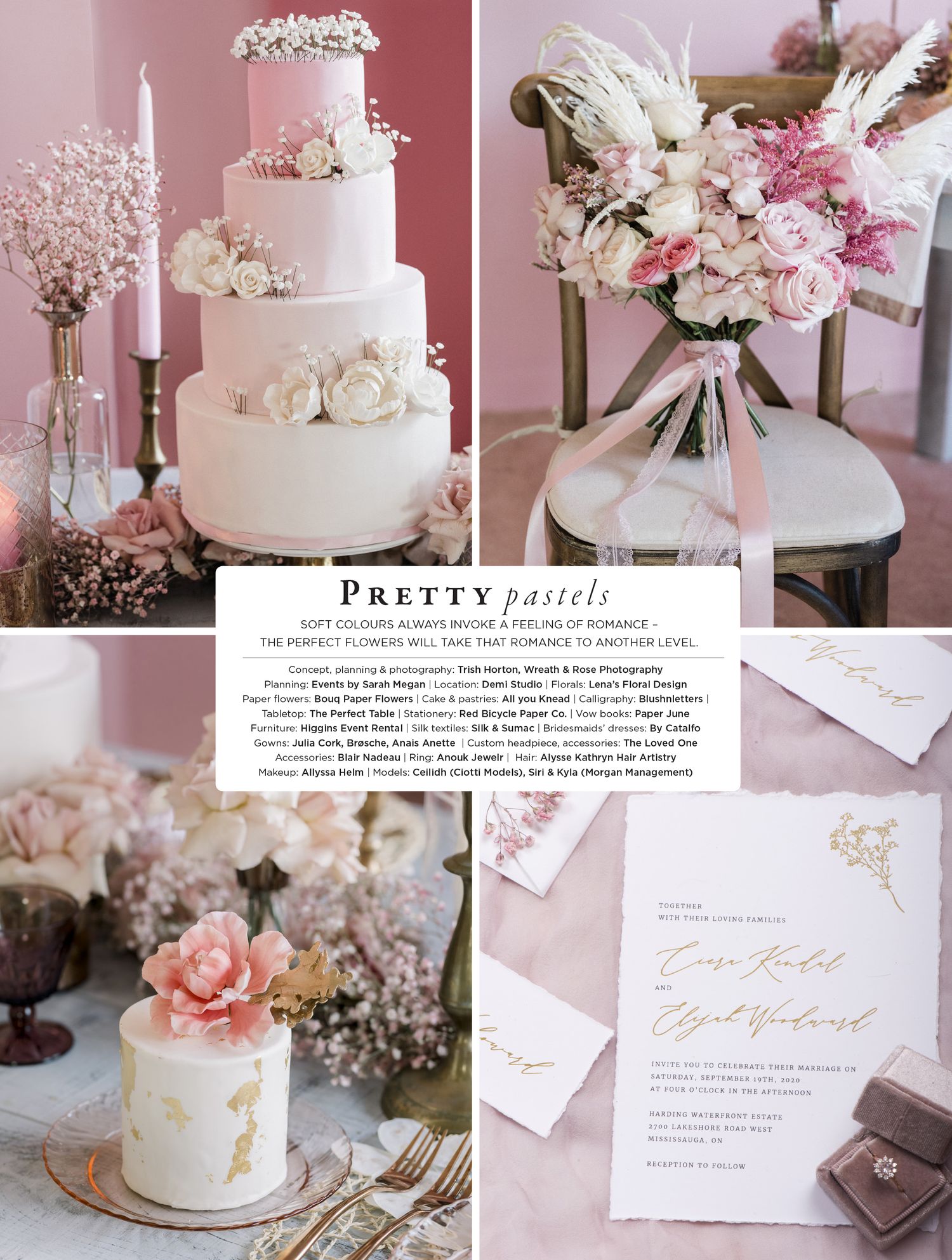 Wedding styled flat lay featuring white cakes, pink flowers, and elegant stationery on pink background.