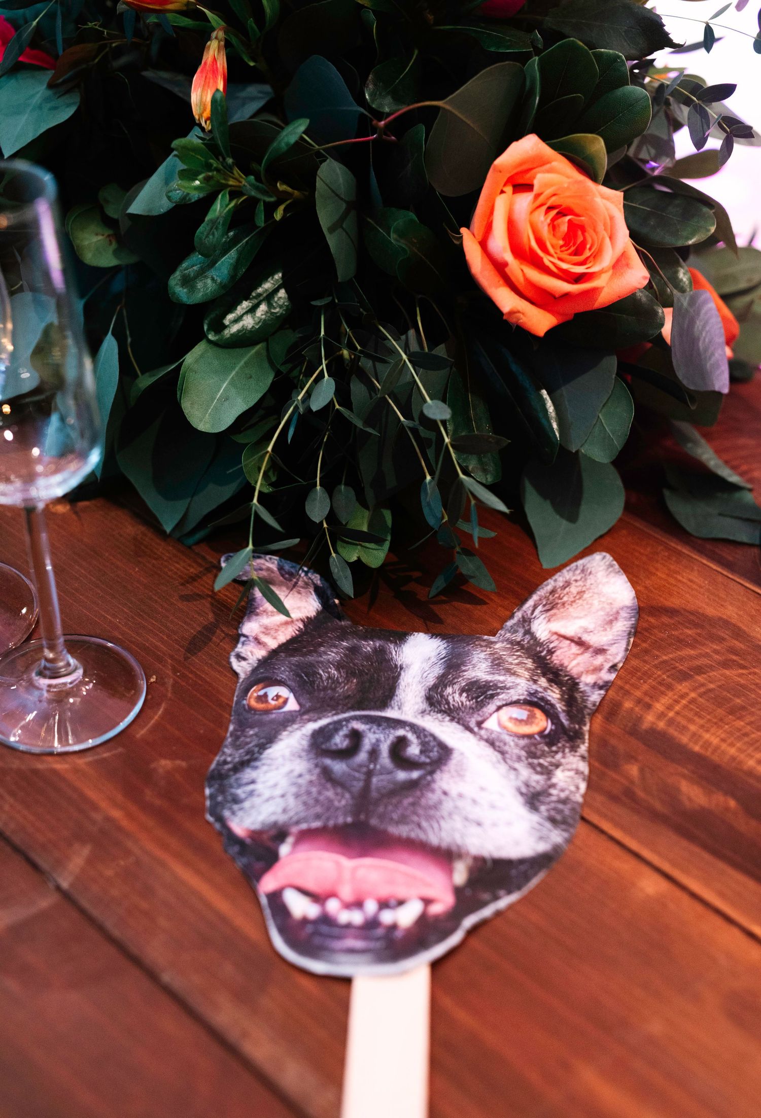 Close-up sequence of a dog's face peeking up from below a wooden table with wine glasses and floral decorations.