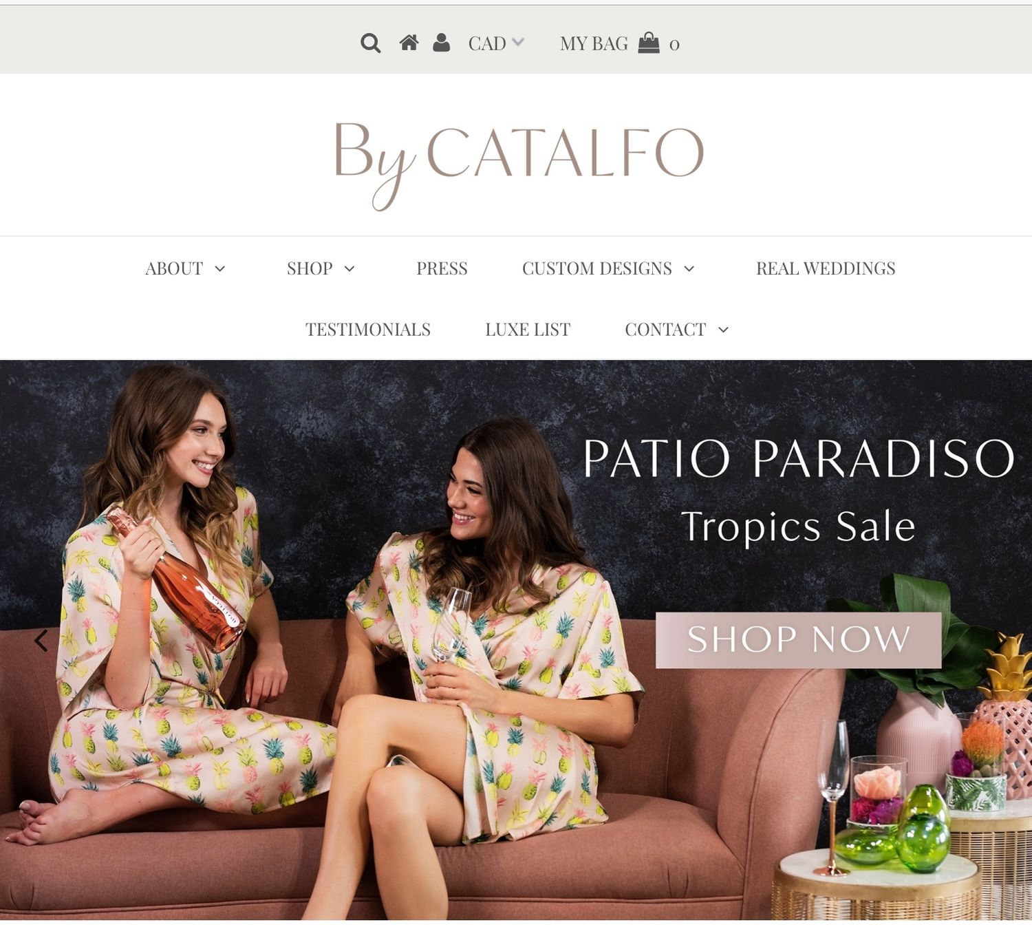 Website header for Catalfo showing tropical-themed loungewear collection.