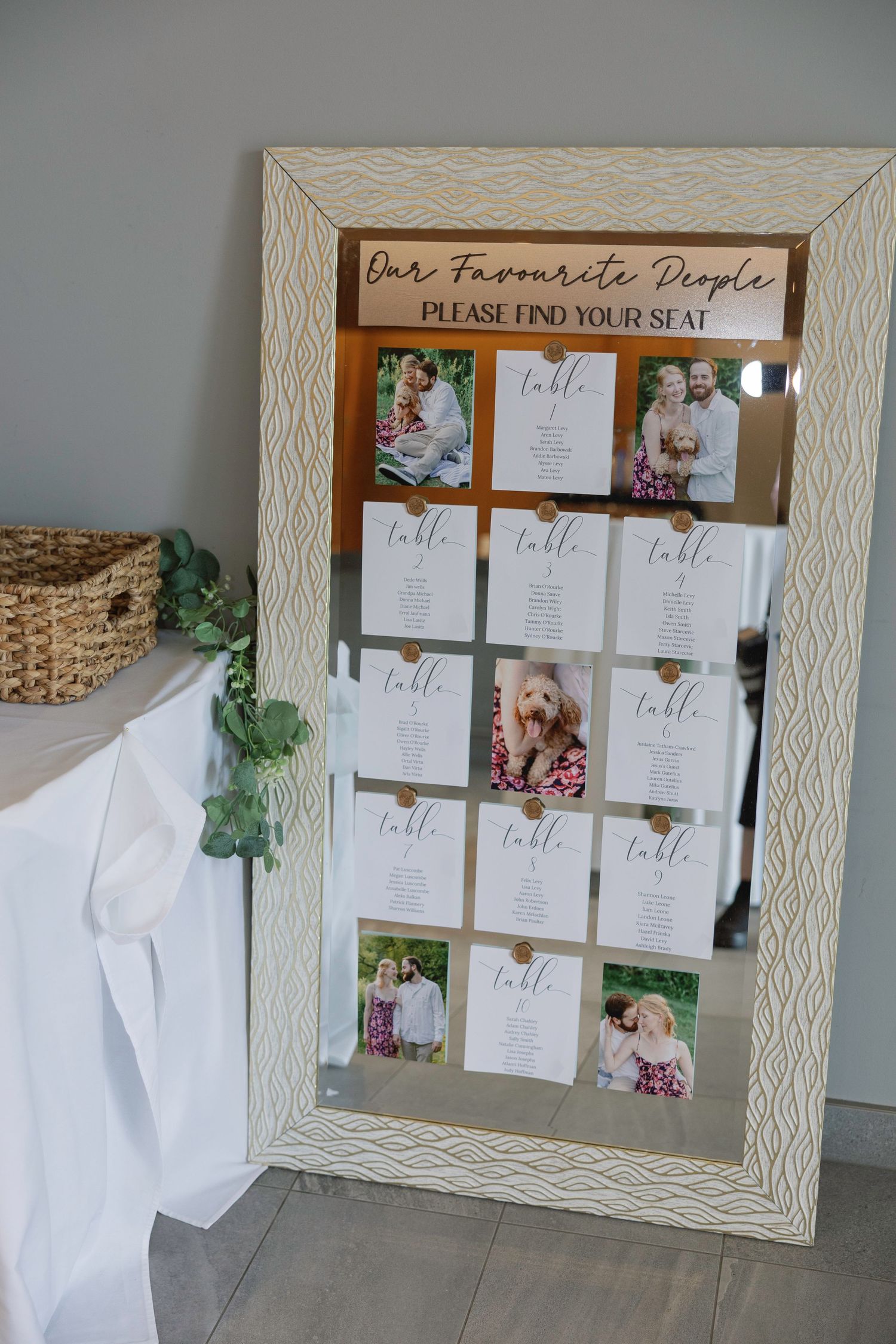 Wedding seating chart displayed in a white frame with 'Our Favorite People' text at the top.