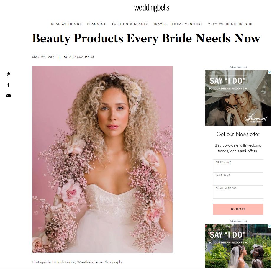 Wedding beauty blog layout featuring bridal makeup tips and floral decorations.