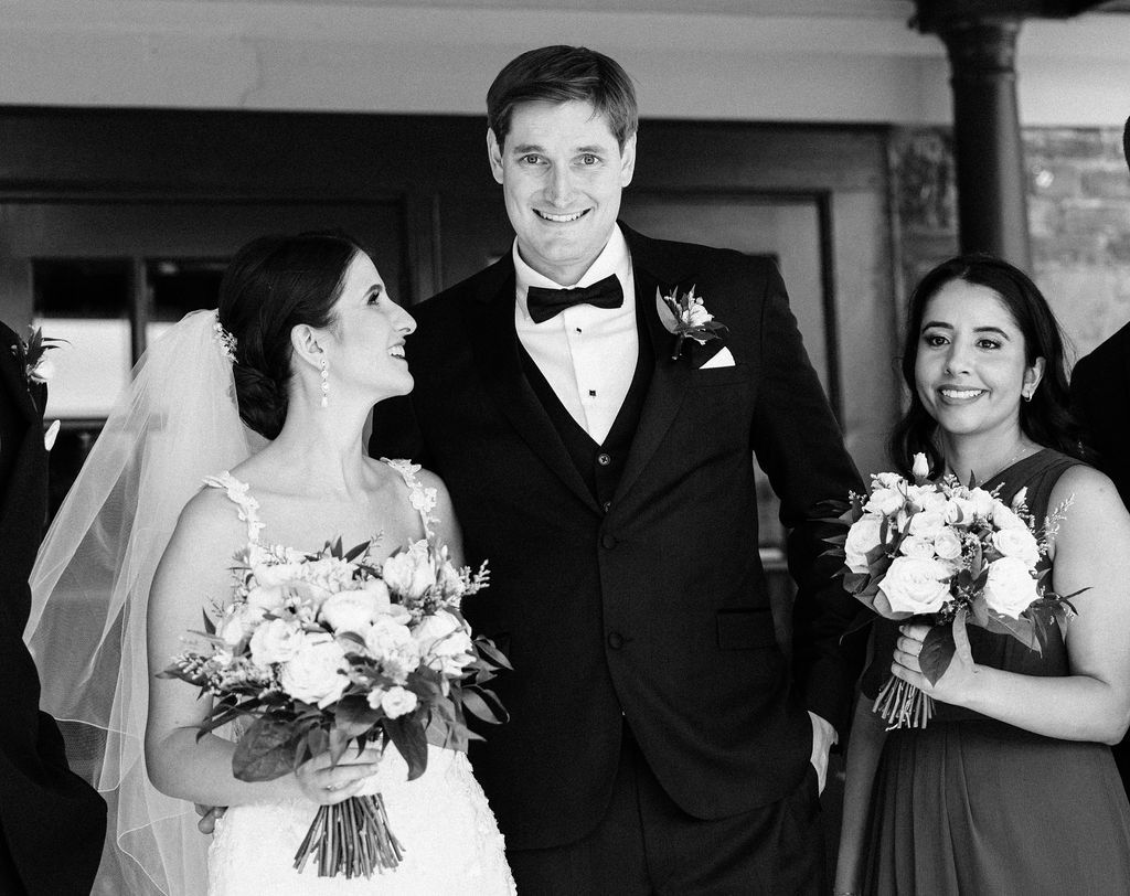 Black and white wedding party photos showing formal attire and bouquets.