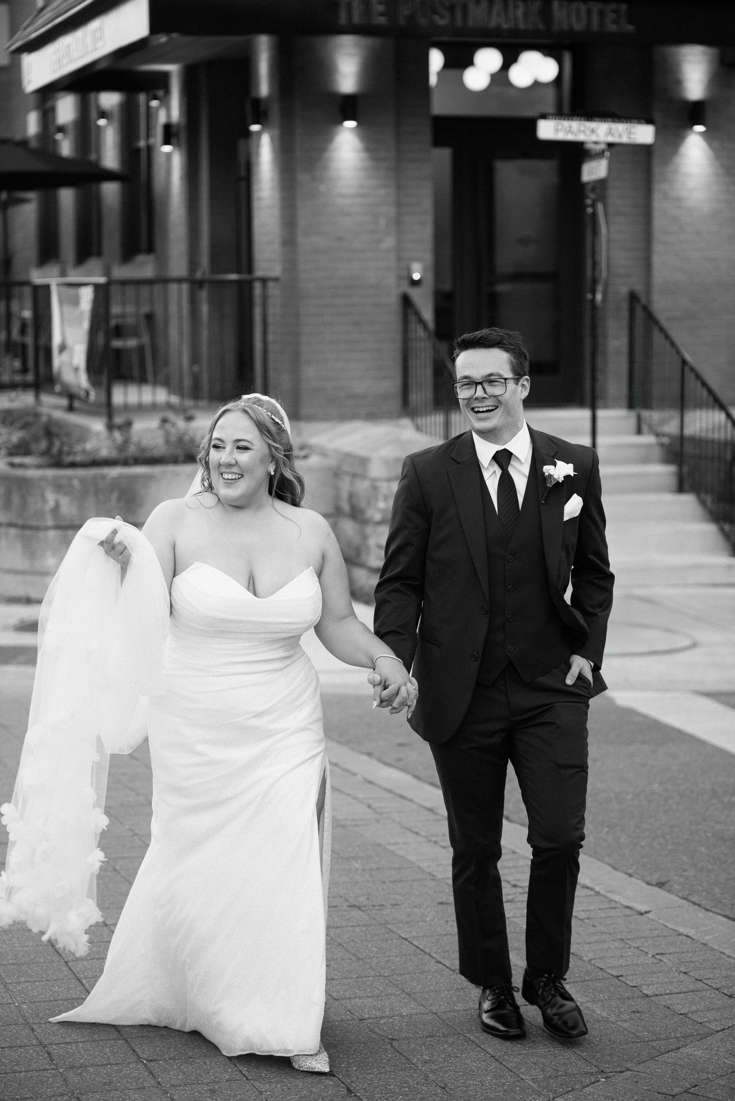 Black and white photo sequence showing a couple walking together outside a hotel.