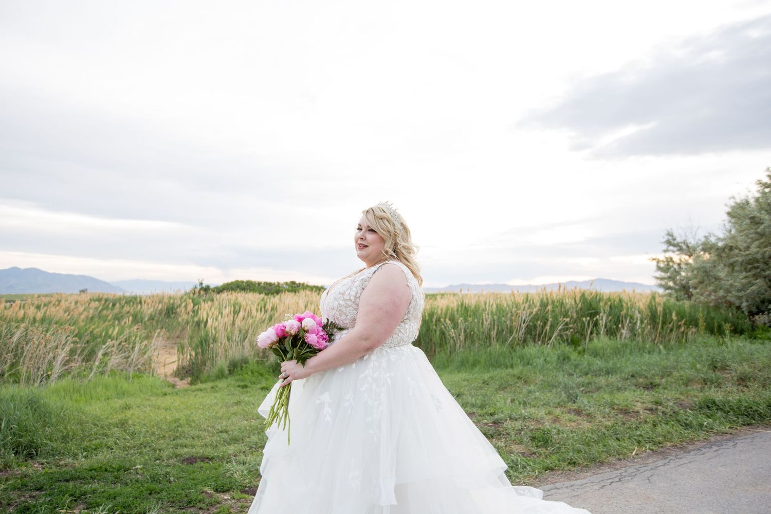 Panoramic view of bridal portraits taken against rolling hills and natural landscape.