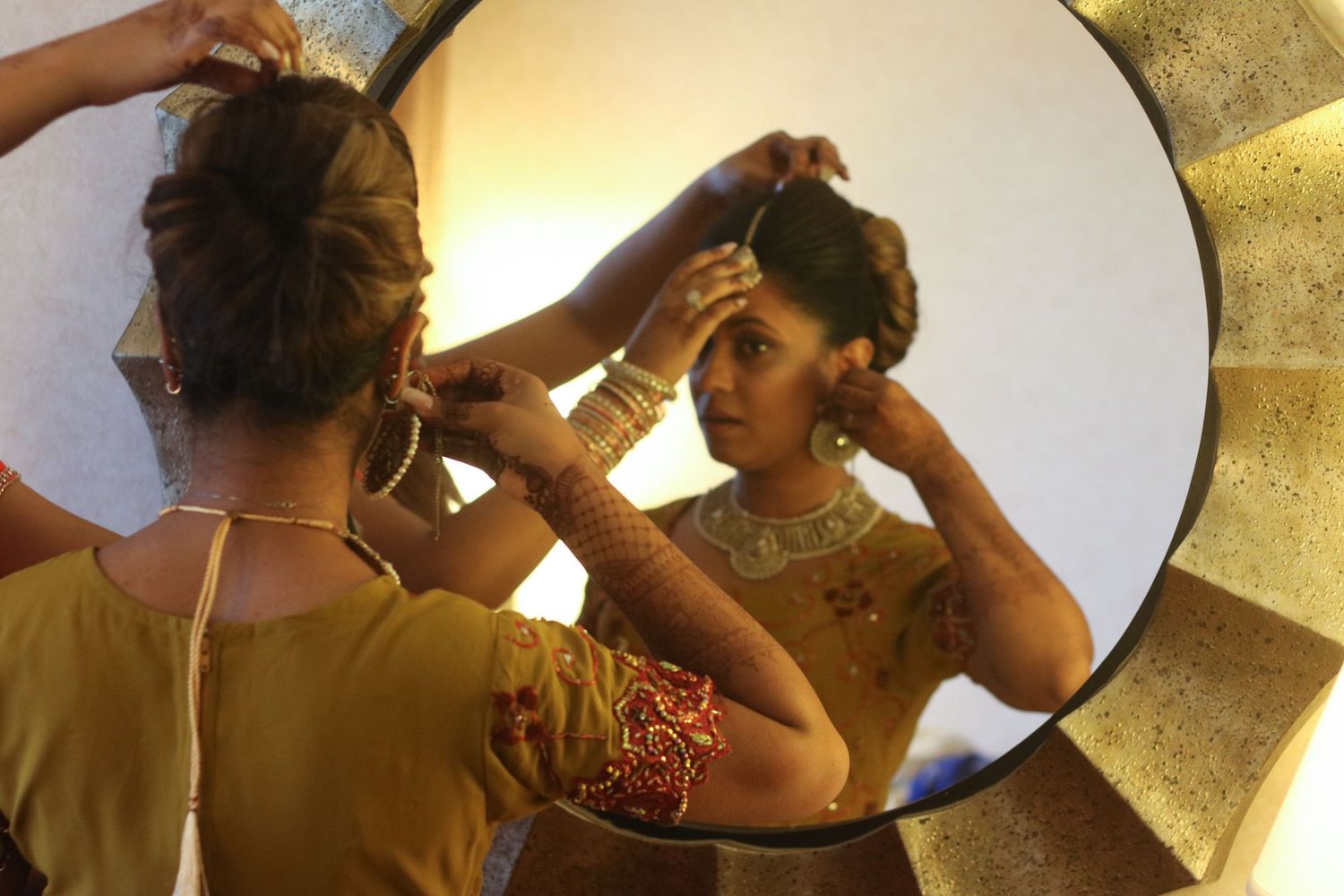 Sequence of getting ready photos with hair and makeup preparation.
