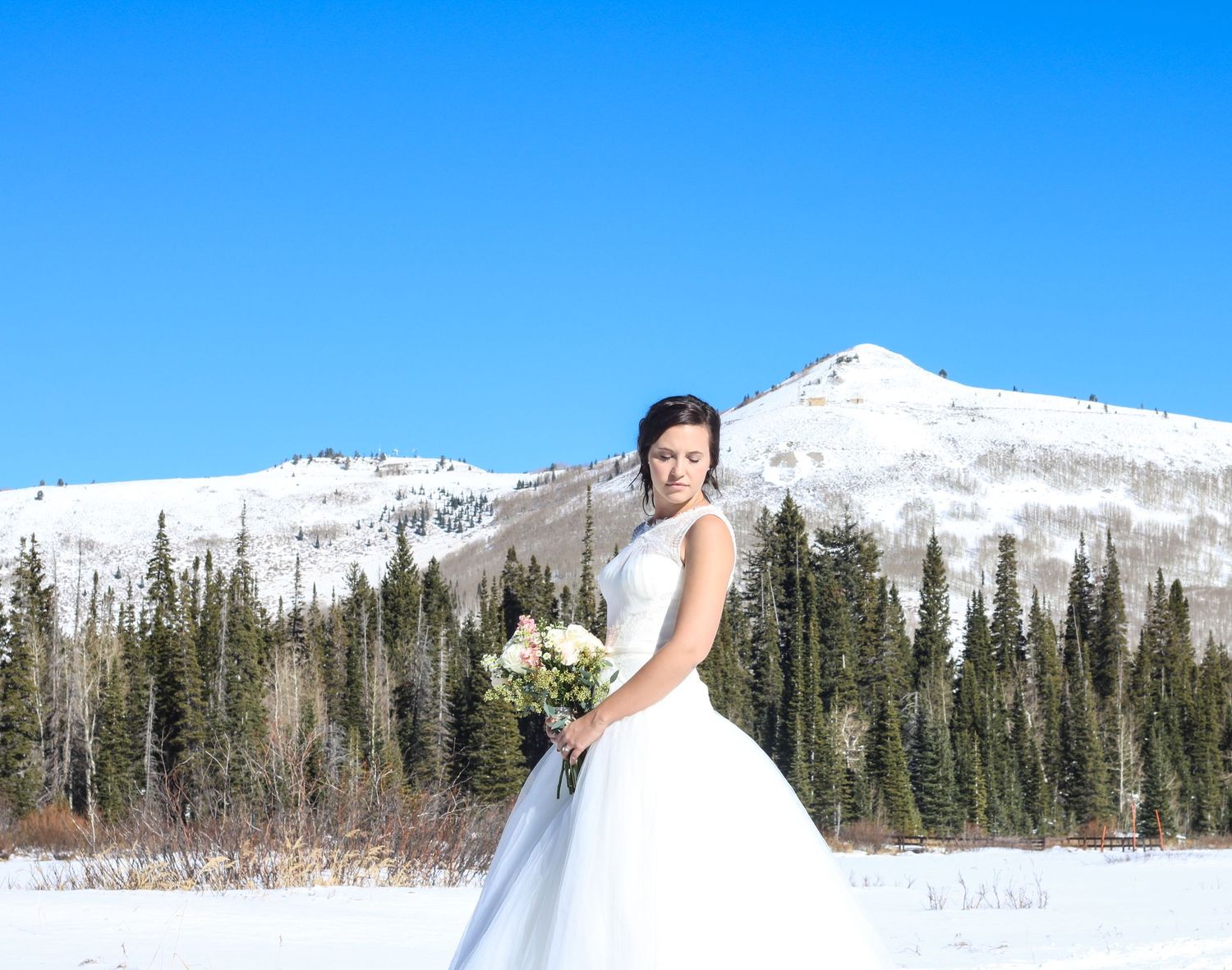 Winter bridal portrait with snow-capped mountain peak in background.