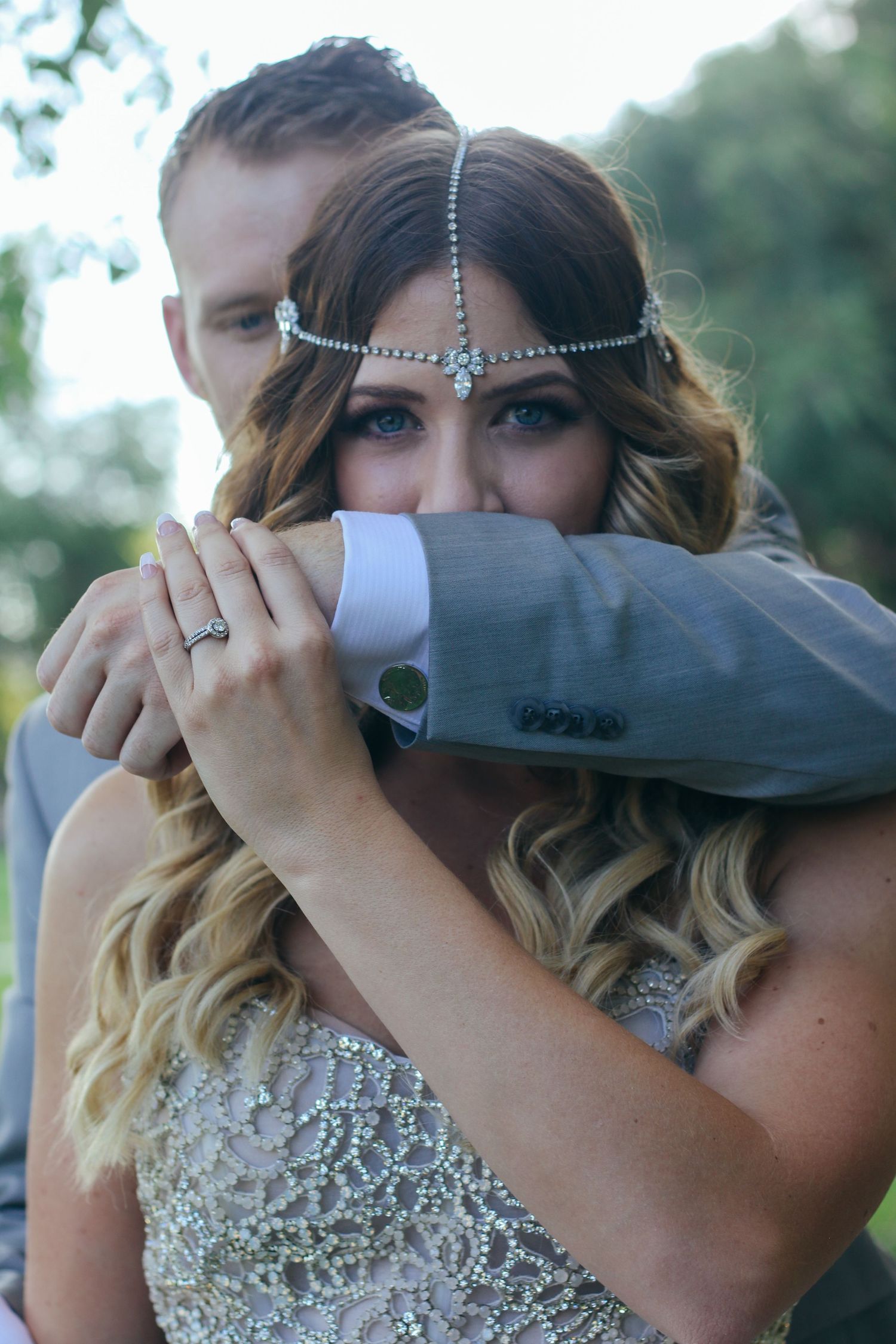 Close-up shots of formal attire and decorative headpiece details.