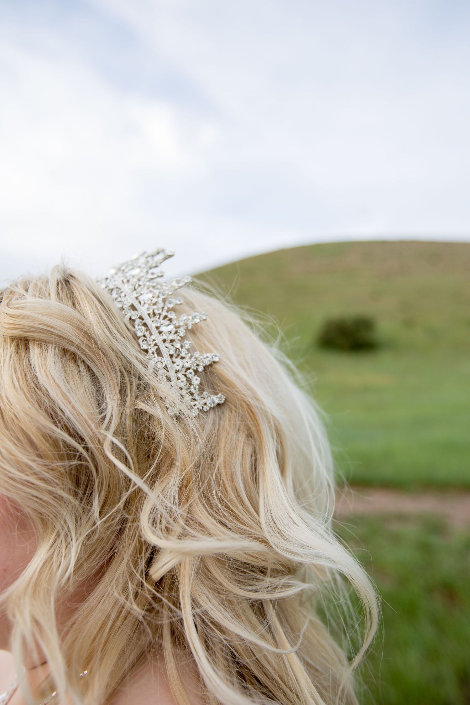 Delicate crystal hair accessory adorns a blonde updo hairstyle against a green hillside backdrop.