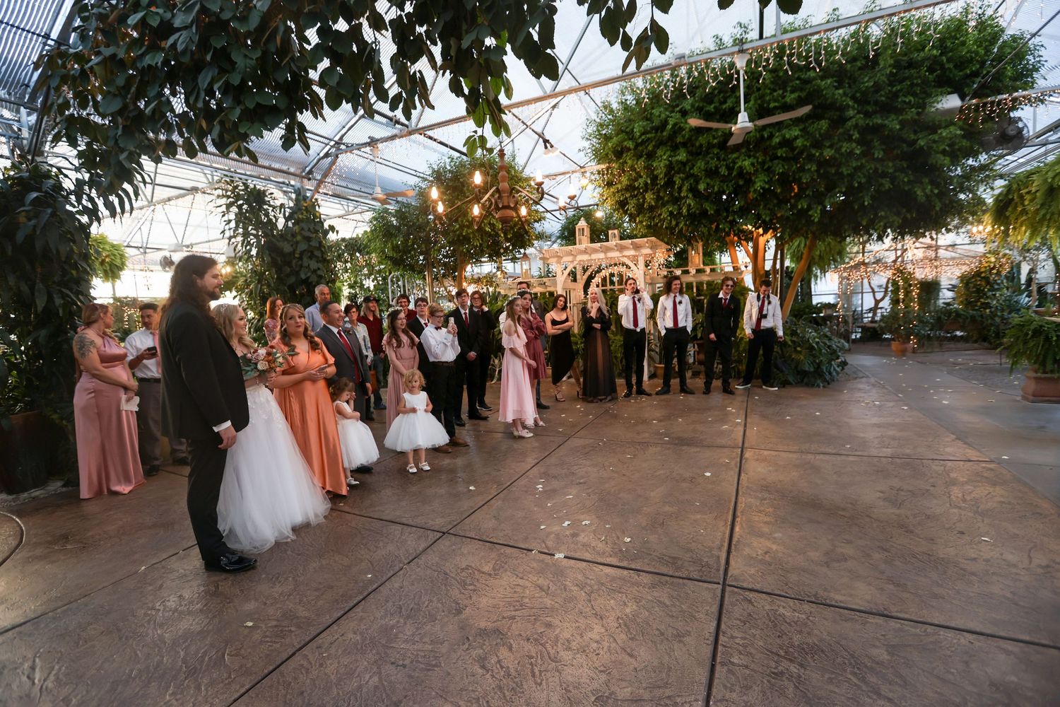 Wedding party lineup in a greenhouse setting with decorative plants and lighting.