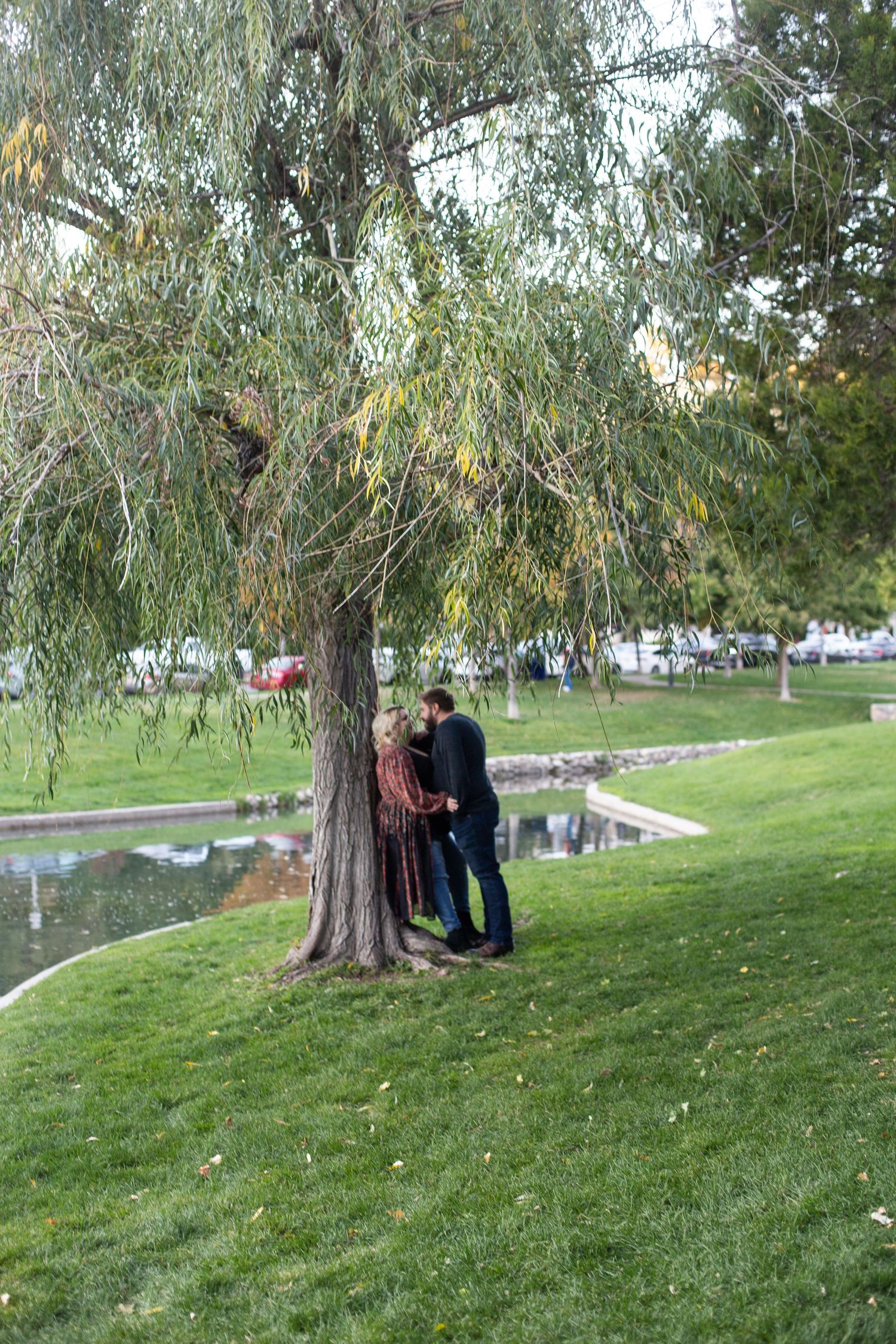 A couple stands close together under a large willow tree near a pond in a park.