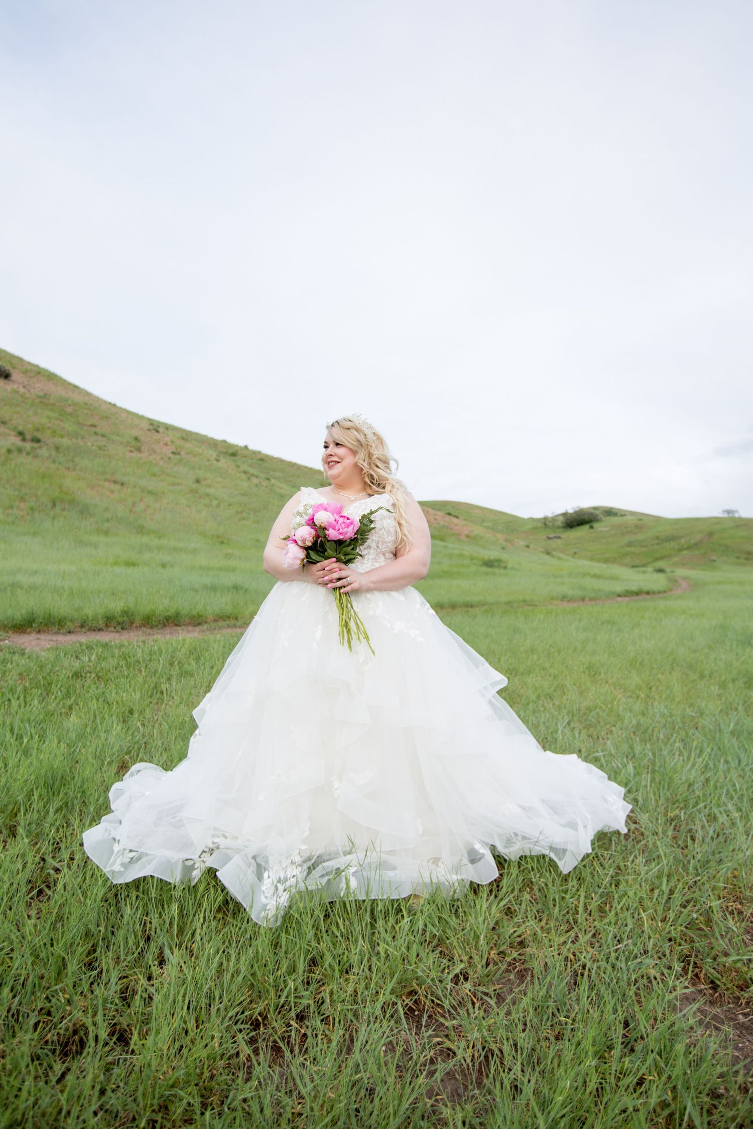 Romantic bridal portrait session in a serene hillside meadow setting.