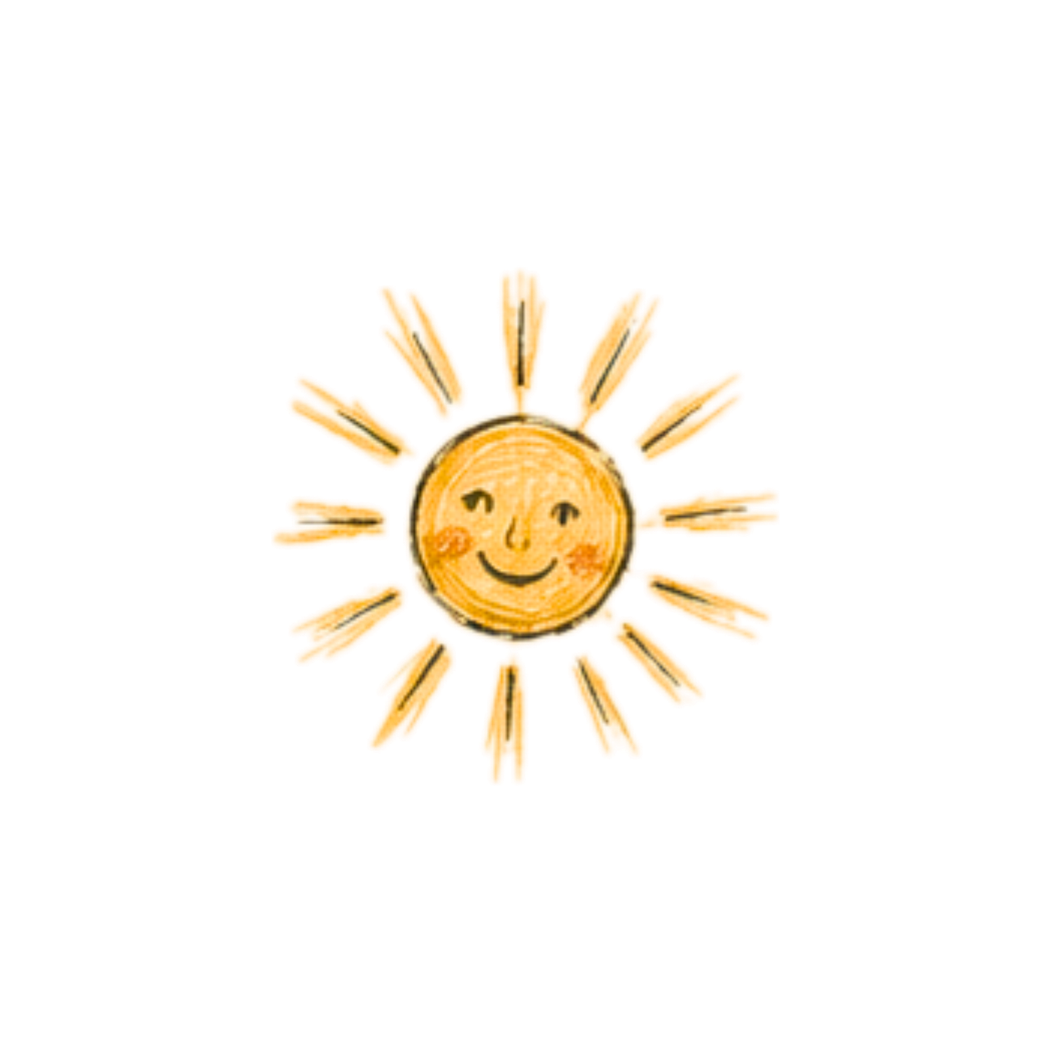Cheerful hand-drawn smiling sun illustration in warm golden yellow tones.