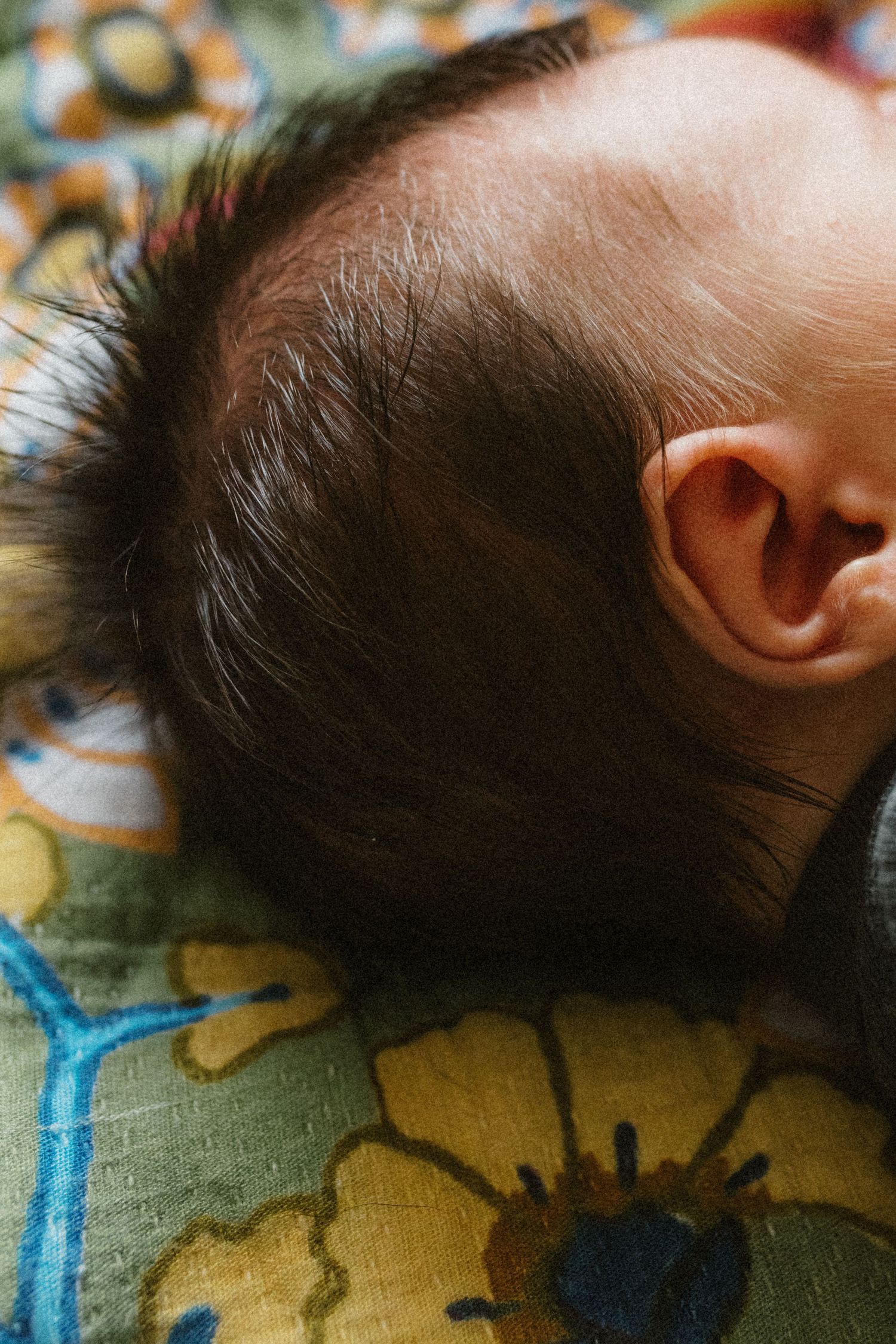 Close-up of newborn babys dark hair and ear resting on vibrant floral patterned blanket.