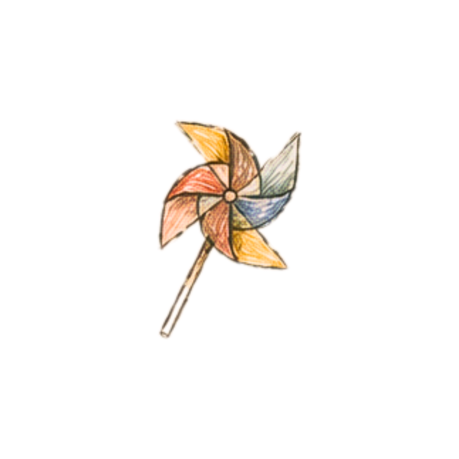 Colorful pinwheel toy with orange, blue and yellow blades on a stick illustration.