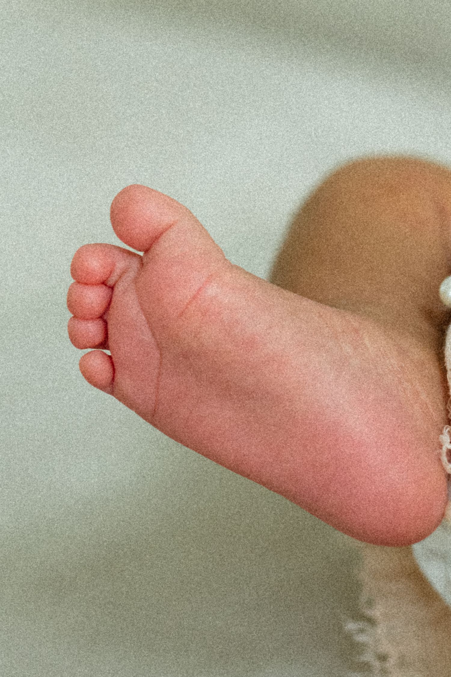 Close-up of tiny newborn baby foot against soft green background.