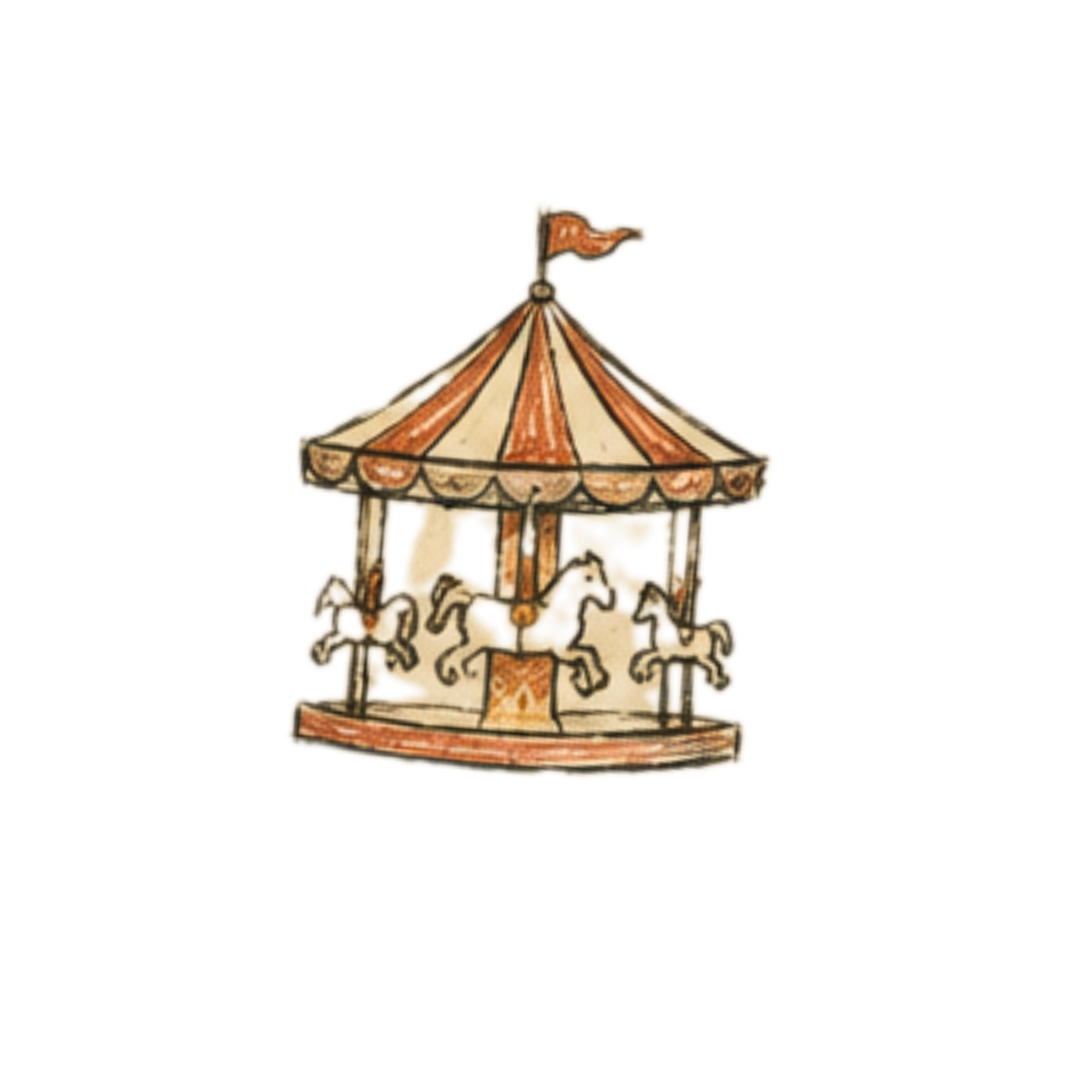 Vintage carousel merry-go-round illustration with horses and flag topper in warm earth tones.