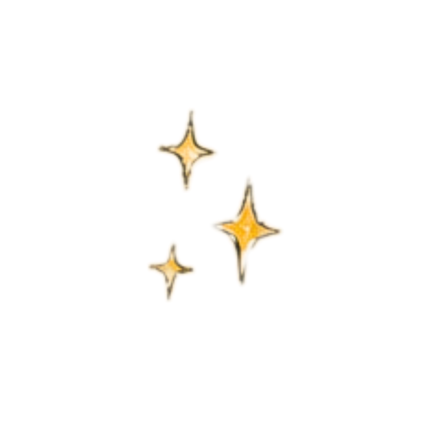 Three gold four-pointed sparkle stars illustration on white background.