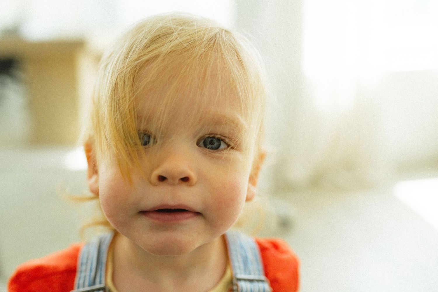 Close-up portrait of a cute blonde toddler with blue eyes wearing overalls.