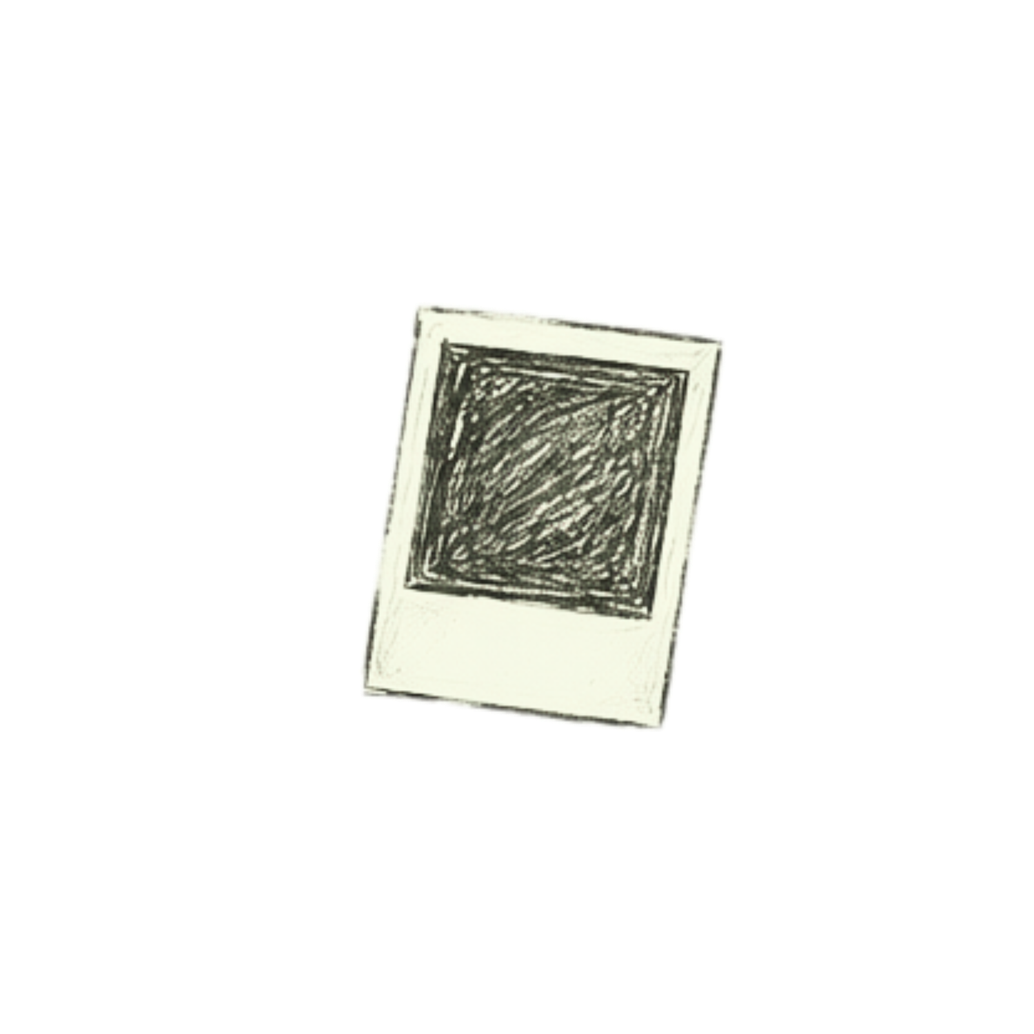 Sketch drawing of a polaroid photo frame with dark scribbled center on white background.