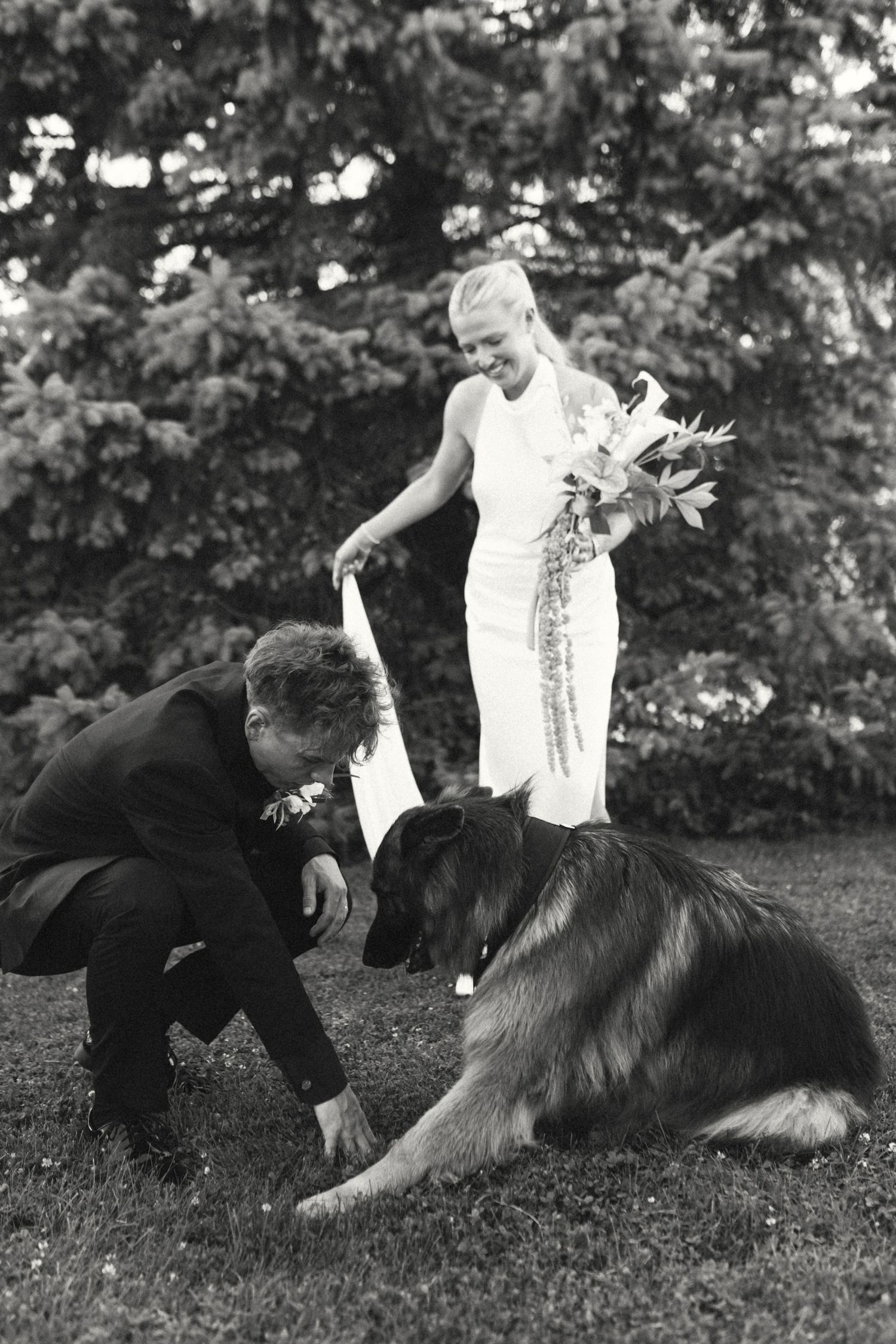 Black and white photo of bride and groom with large dog outdoors.