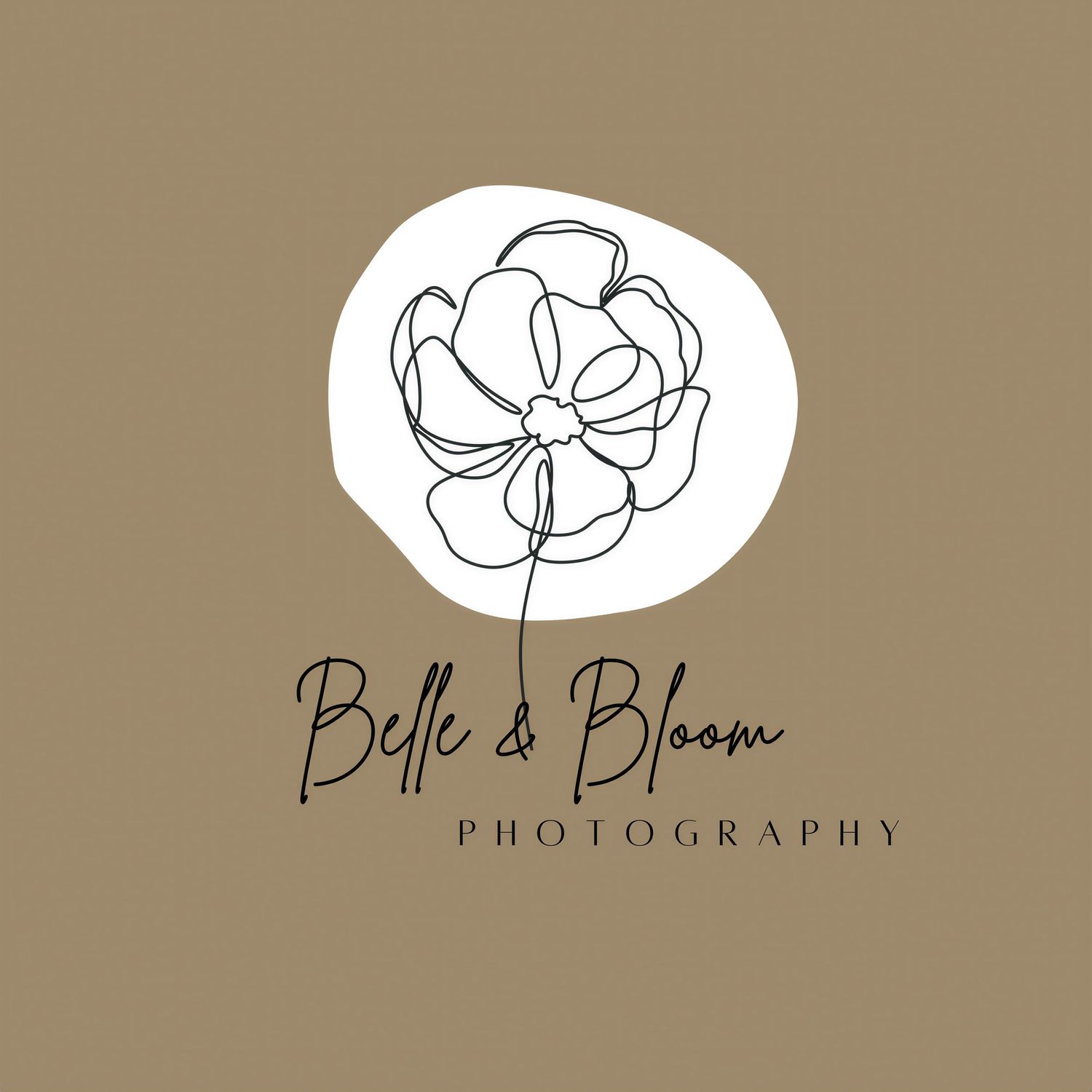 Minimalist photography logo design with elegant floral motifs and text on a neutral beige background.