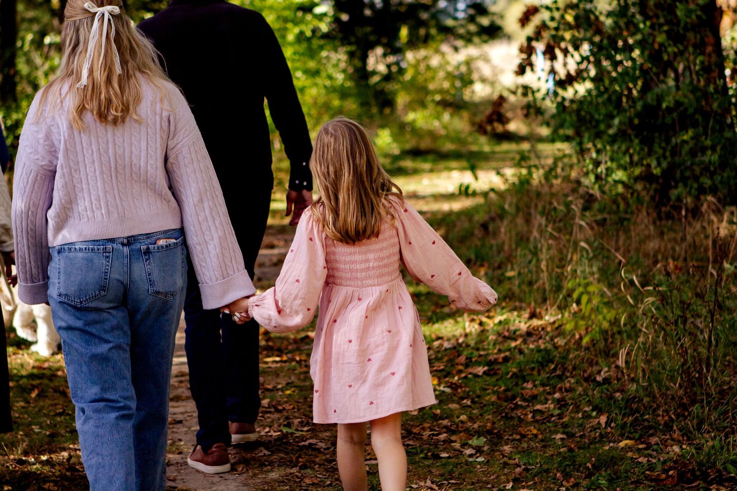 Family members hold hands while walking together on a nature trail during golden hour in autumn at an Oconomowoc family session