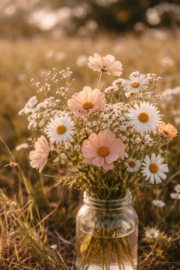 A rustic mason jar filled with pink cosmos and white daisies sits in a sunlit meadow at golden hour.