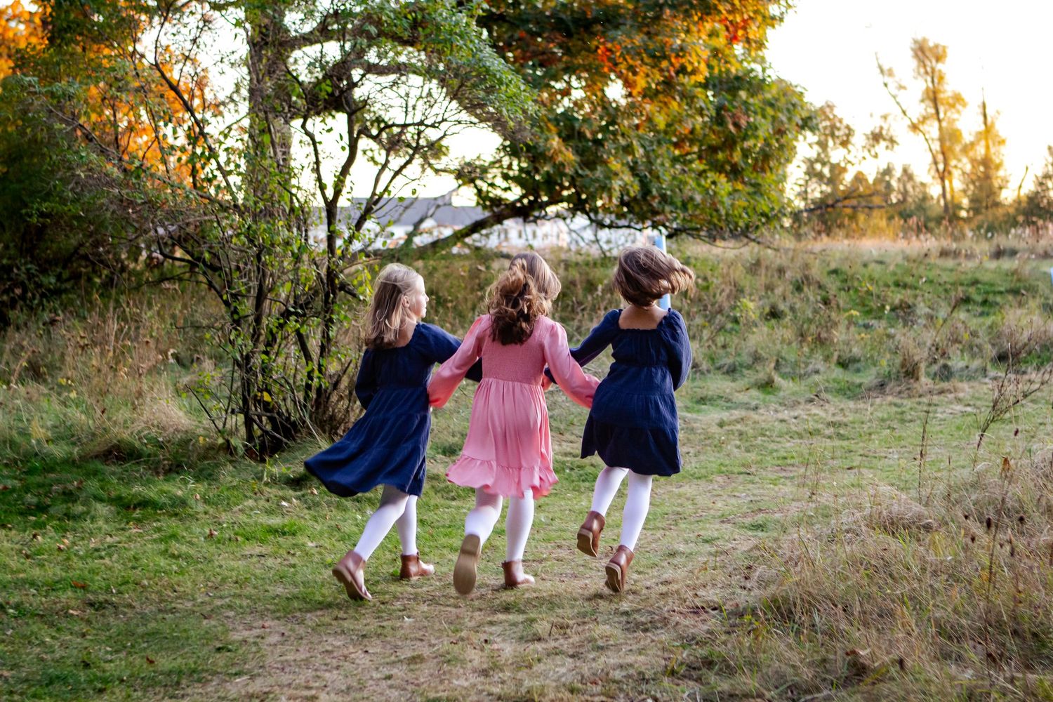 A group walks together through a scenic autumn field during golden hour as sunlight filters through trees at an Oconomowoc family session