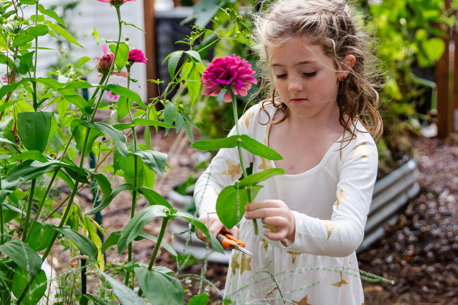 Young child in a white dress explores a lush garden while reaching up to touch green leaves and pink flowers at Delafield home session
