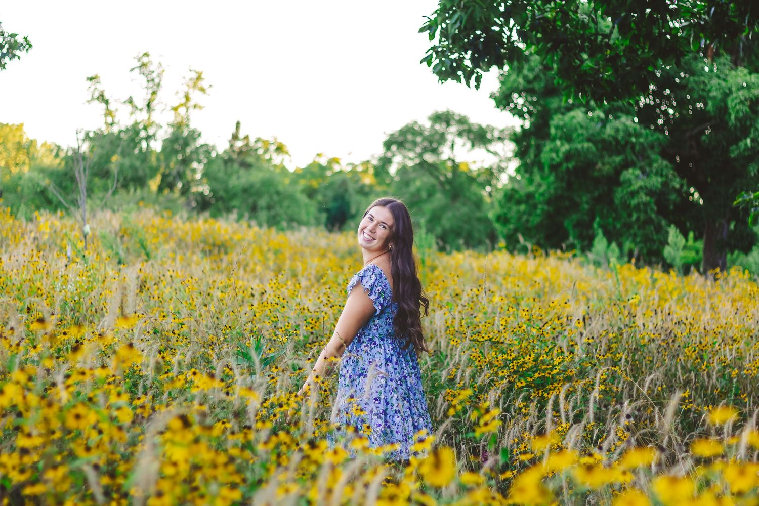 Blue floral dress contrasts beautifully with field of golden wildflowers at sunset.