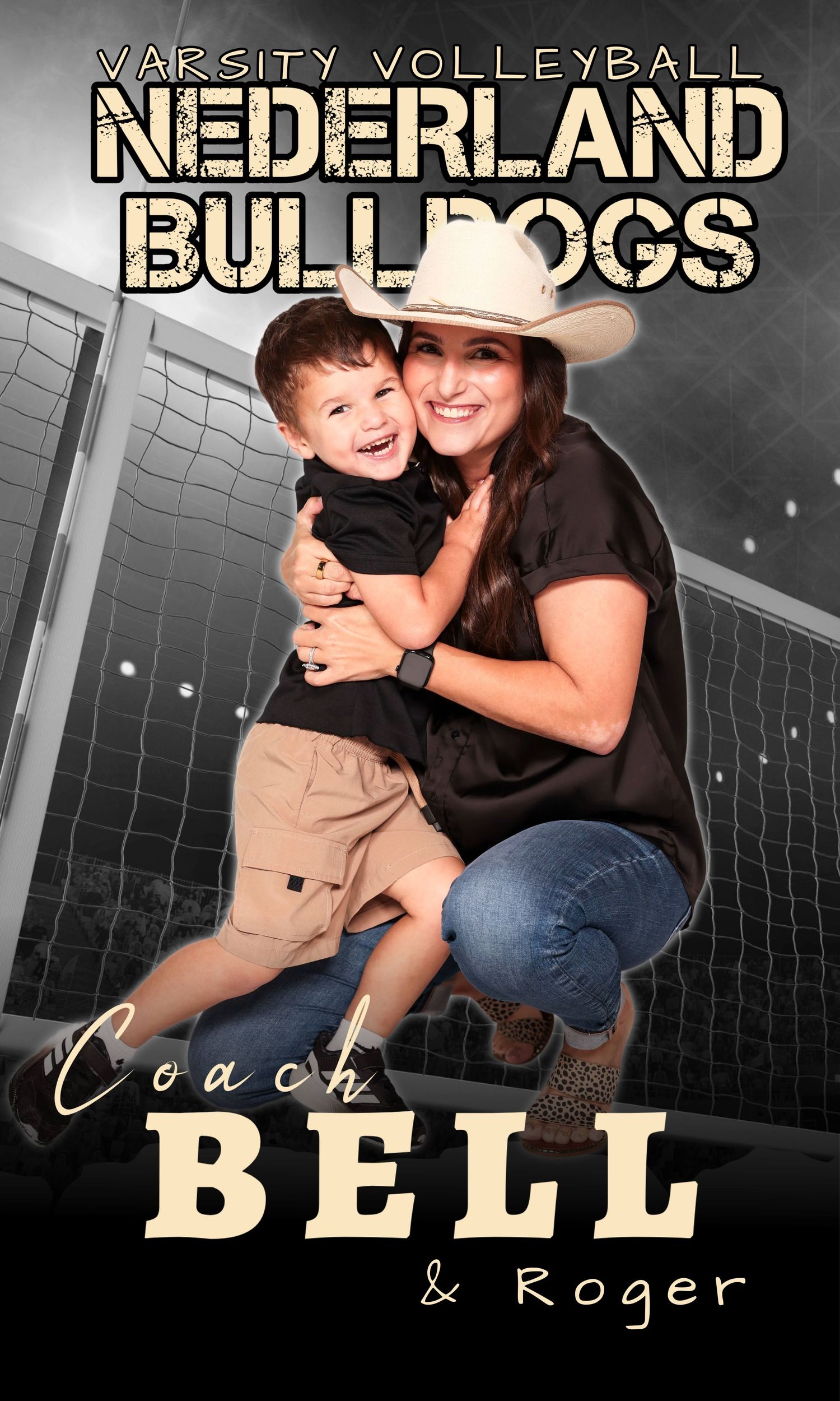 Nederland Bulldogs varsity volleyball coach poses with young child against volleyball court backdrop.