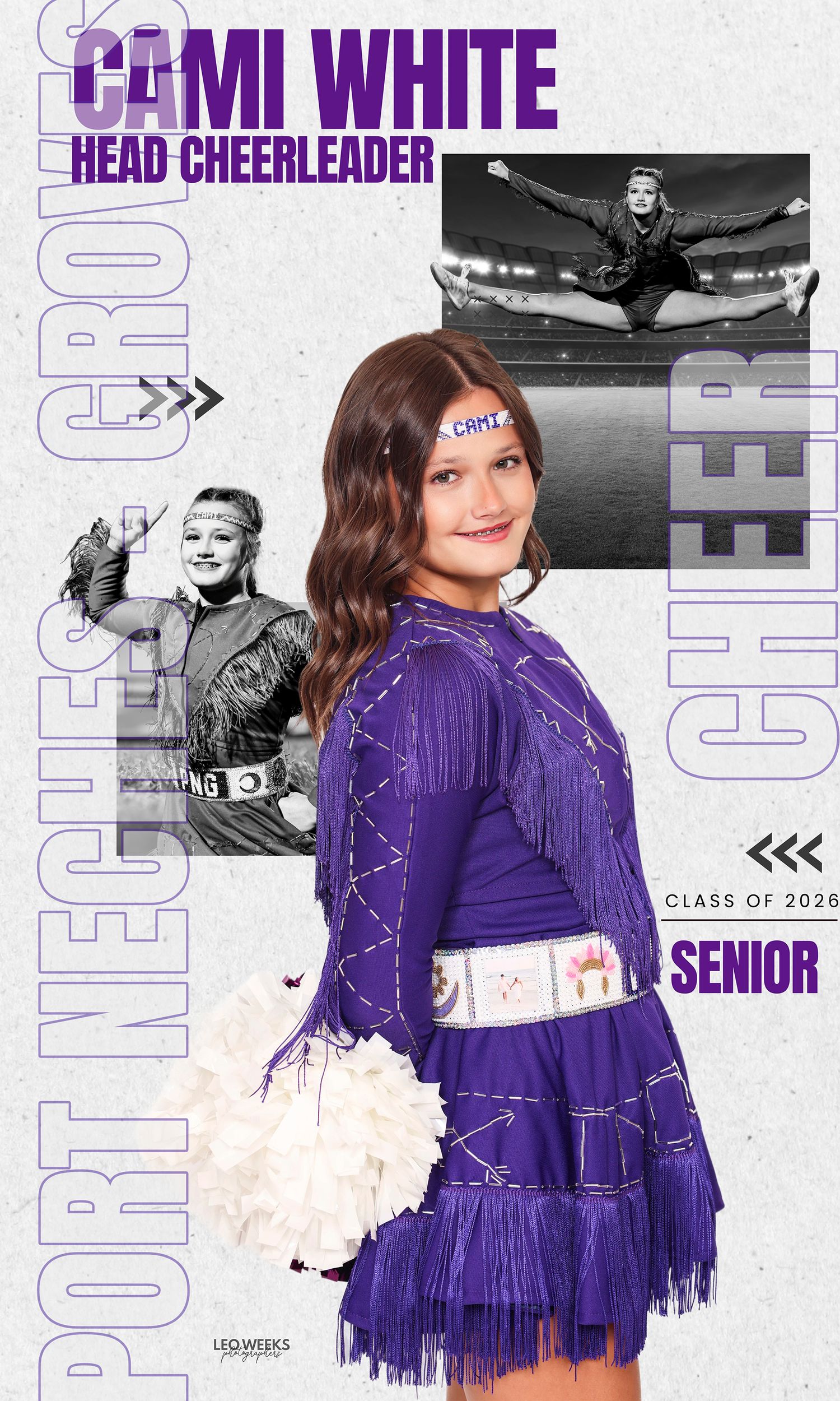 High school cheerleader poses in purple uniform with white pom poms against light background for senior photos.