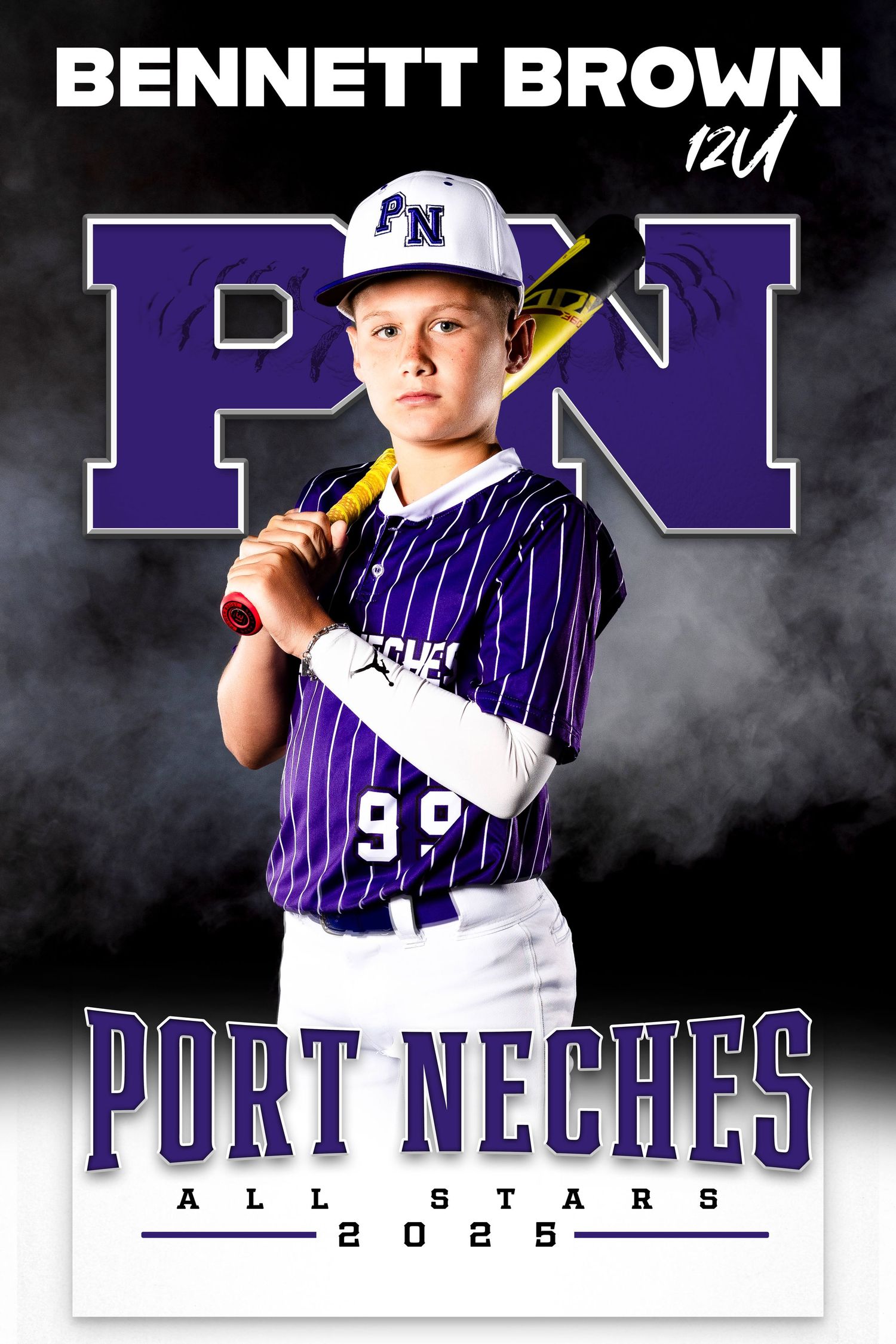 Baseball player in purple and white pinstriped uniform poses with bat against smoky backdrop.