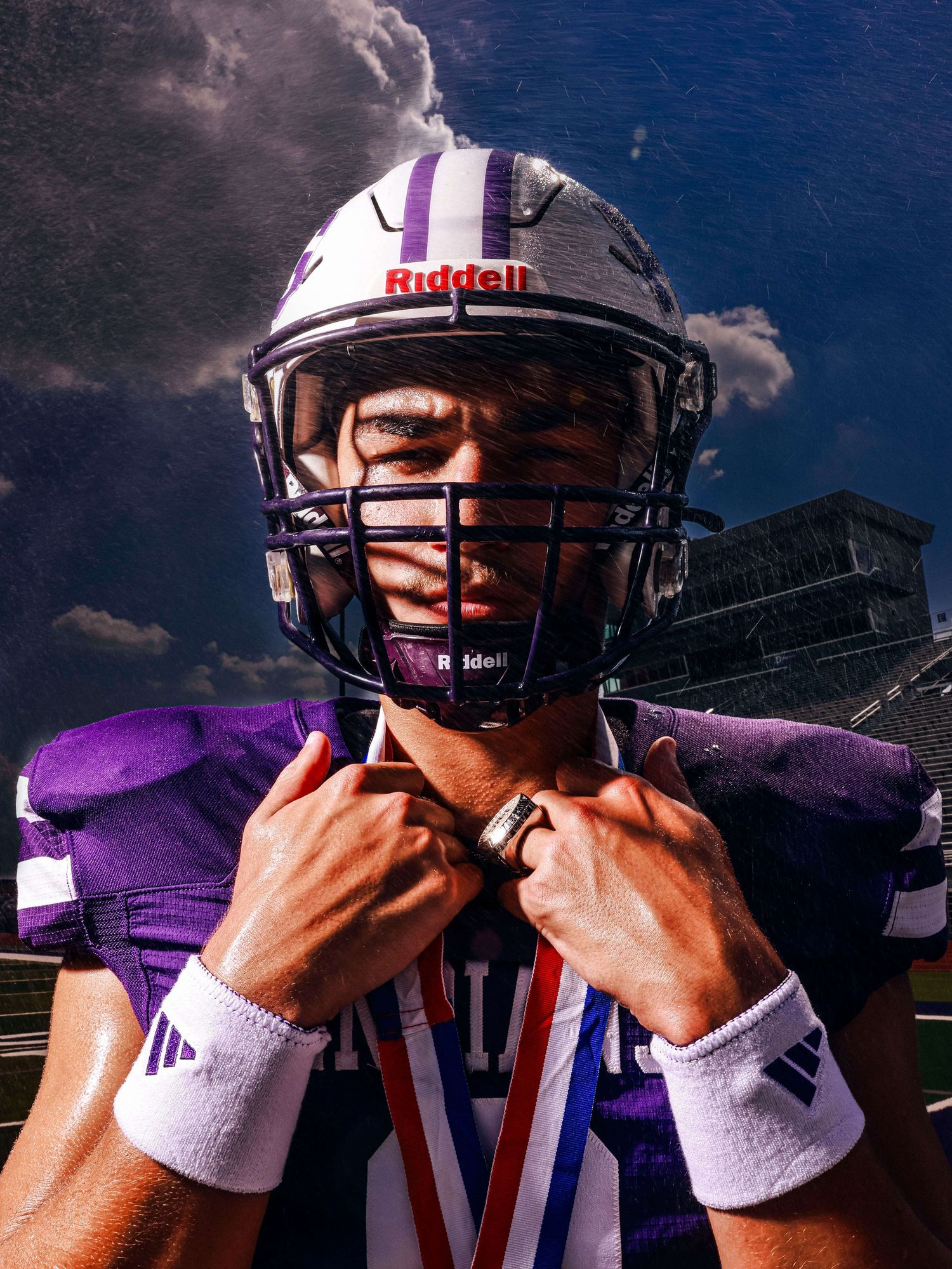 Close-up shots of football players adjusting helmets with dramatic clouds in background.