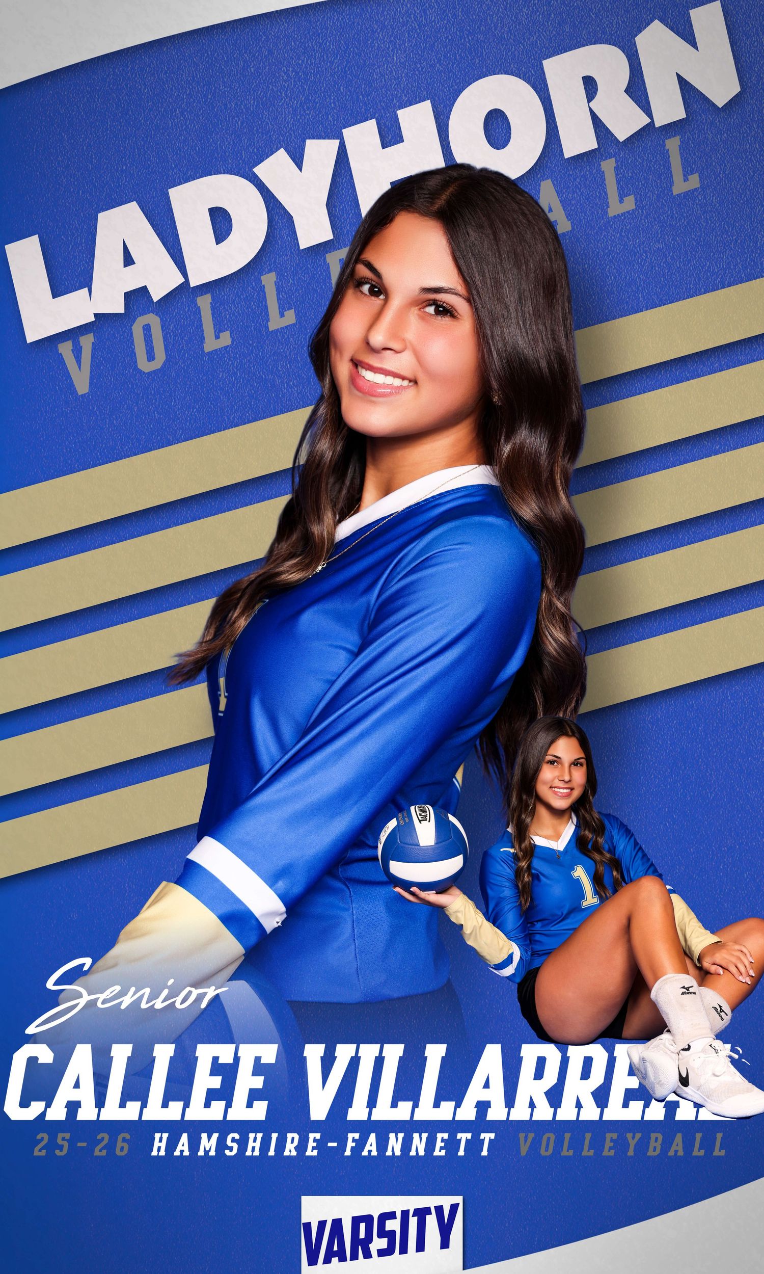 High school volleyball player photo series in blue uniform against striped background.