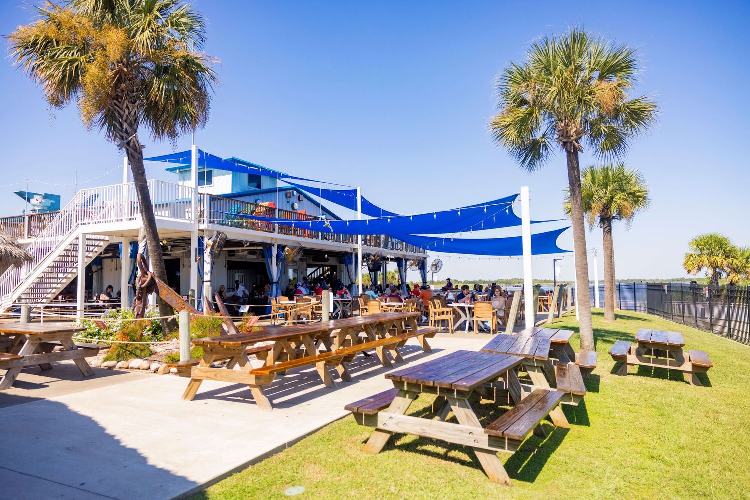 Beachside restaurant with blue awnings, wooden picnic tables, and tall palm trees on a sunny day.
