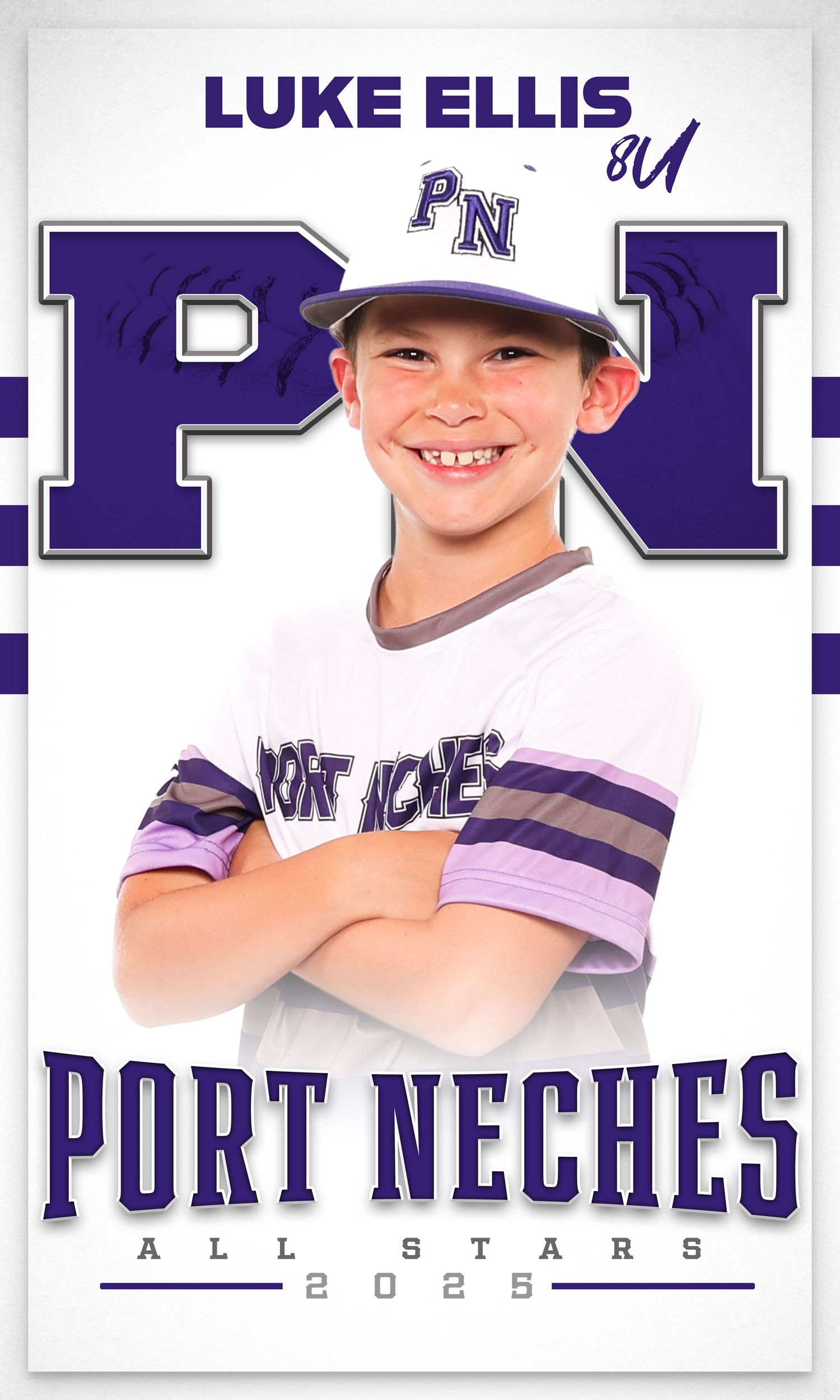 Youth baseball player in Port Neches team uniform and cap poses for sports portrait against purple backdrop.