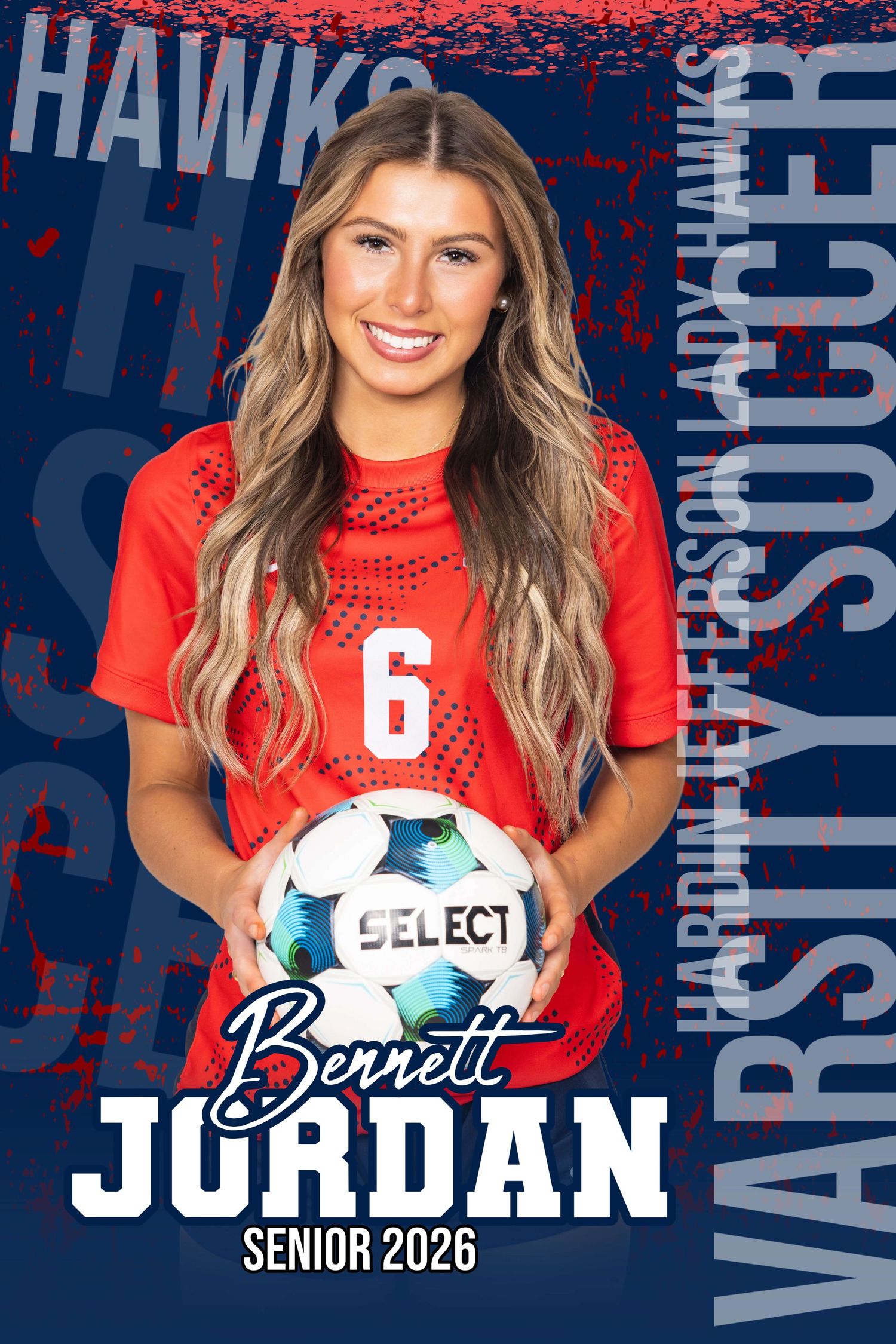 Senior sports photo collage featuring red jersey against blue and black textured background.