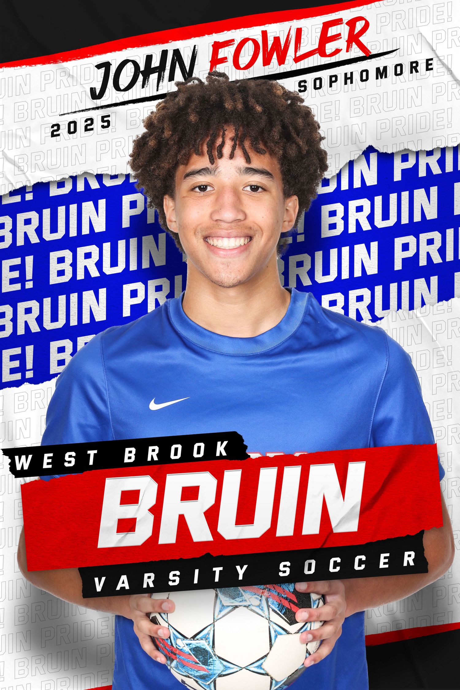 West Brook Bruin varsity soccer promotional poster with athlete in blue Nike shirt holding soccer ball.